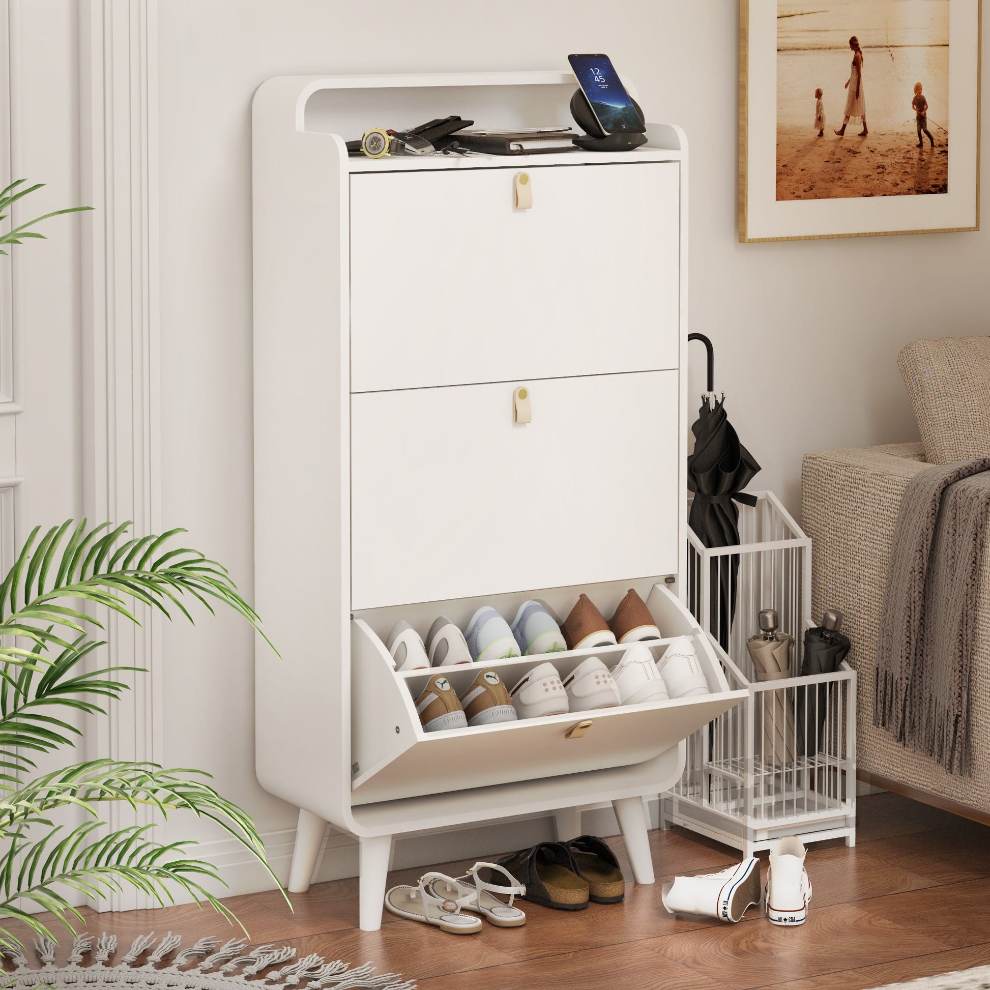 Modern Arc Design Shoe Cabinet With 3 Drawers,Shoe Storage Cabinet for Entryway,Outdoor,White Finish - Korvel