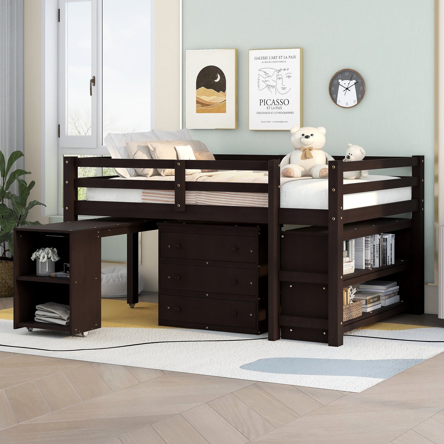 Low Study Full Loft Bed with Cabinet Shelves and Rolling Portable Desk Multiple Functions Bed- Espresso - Korvel