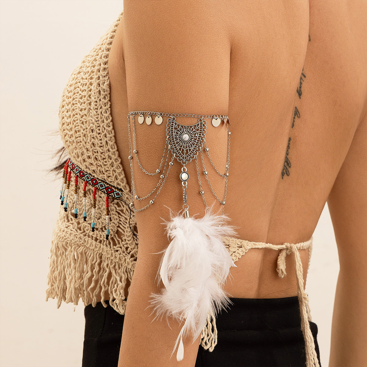 Bohemian metal chain jewelry arm chain punk retro dream catcher net leaf tassel open arm bracelet - Korvel