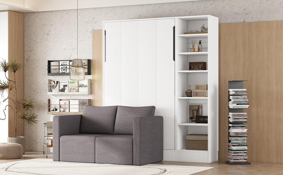 Twin Size Murphy Bed Wall Bed with Sofa and Shelves - White