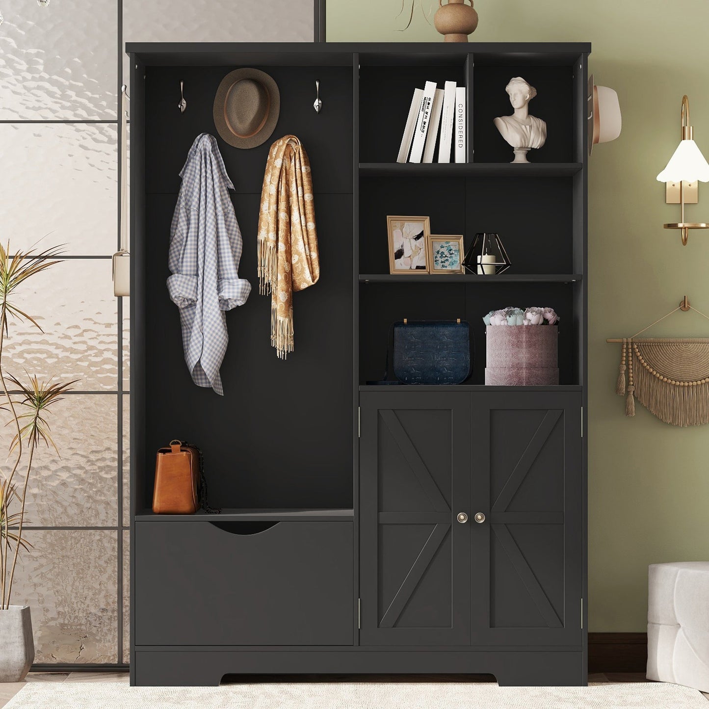 Multi-functional Hall Tree with Storage Shelves Drawers and Cabinet, Elegant Hallway Shoe Cabinet with Bench Modern Black - Korvel