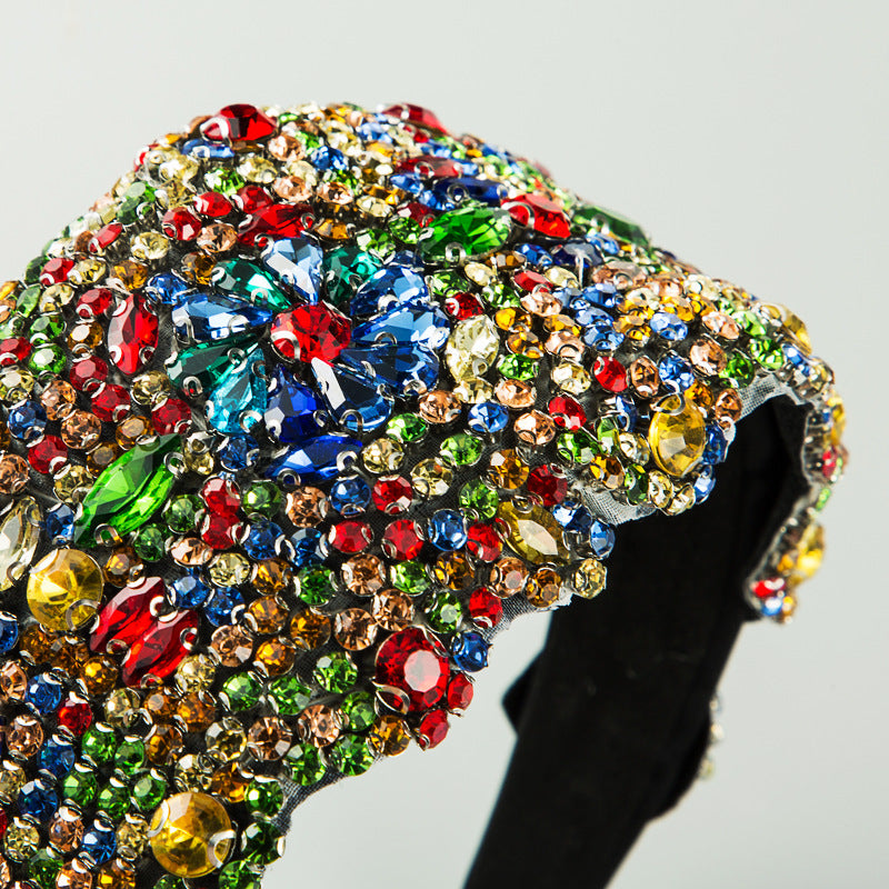 New Oversized Exaggerated Gypsophila Color Rhinestone Wide-Brimmed Headband Female Net Celebrity Fabric Personality Headwear - Korvel