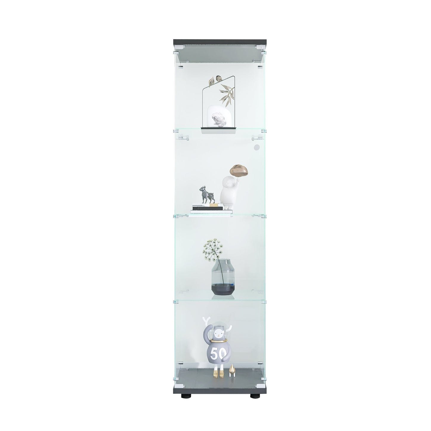 Elegante vitrina de vidrio negro con estantes de puerta