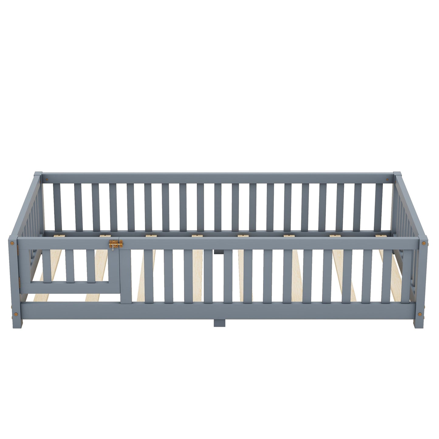 Twin Size Bed Floor Bed with Safety Guardrails and Door for Kids, Gray - Korvel