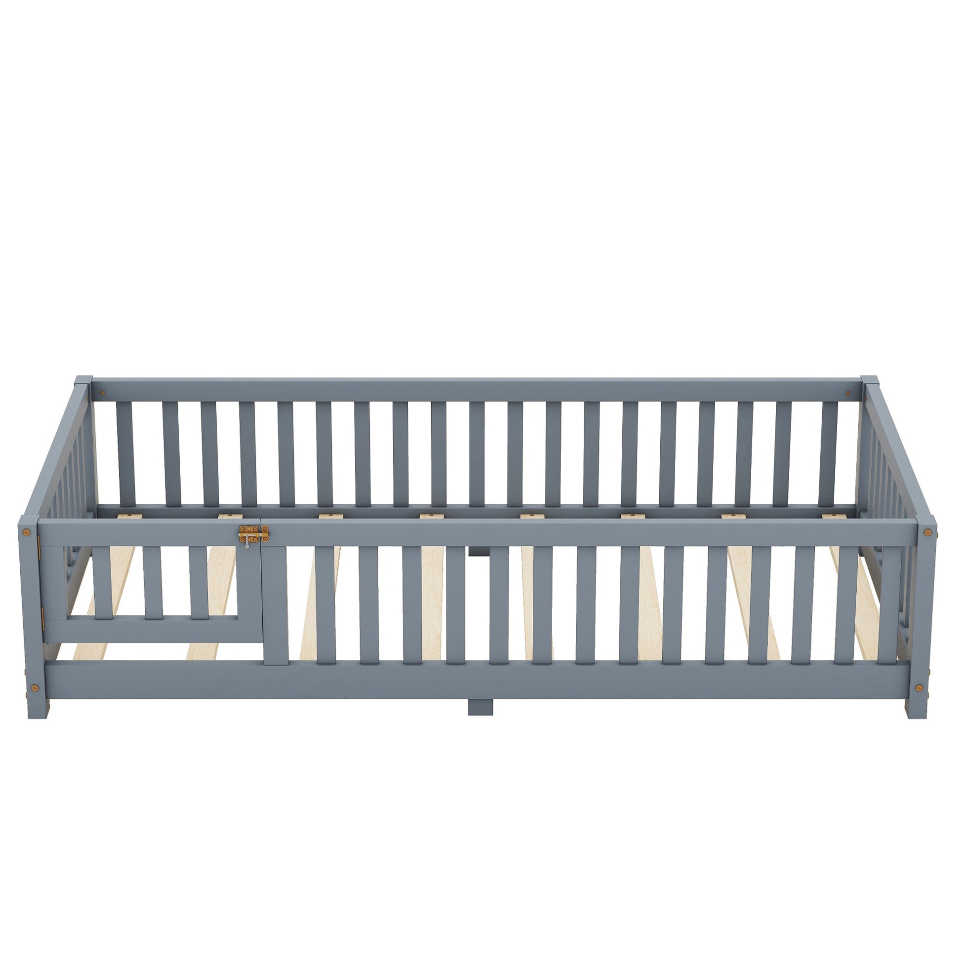 Twin Size Bed Floor Bed with Safety Guardrails and Door for Kids, Gray - Korvel
