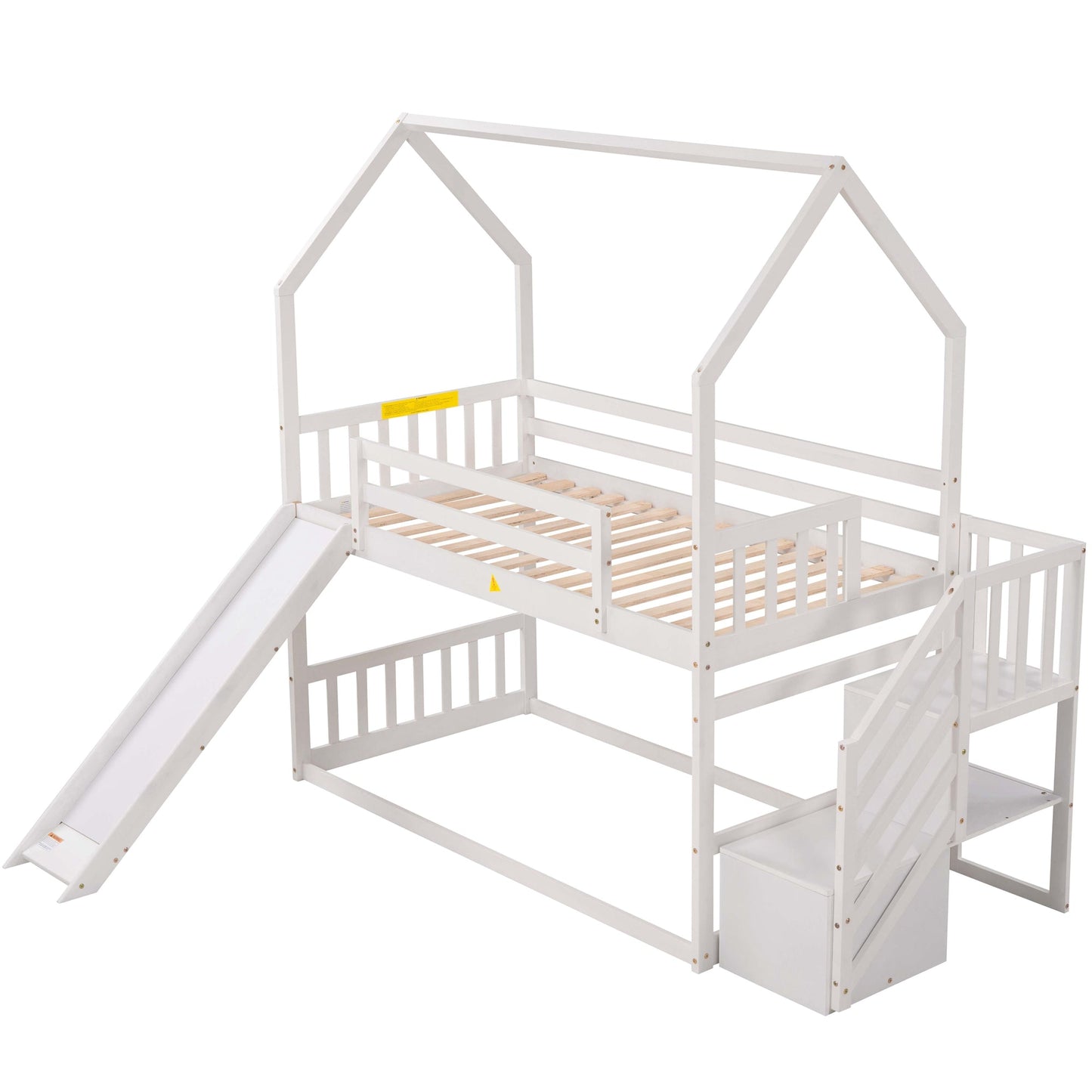 Twin over Twin House Bunk Bed with Convertible Slide,Storage Staircase,White - Korvel