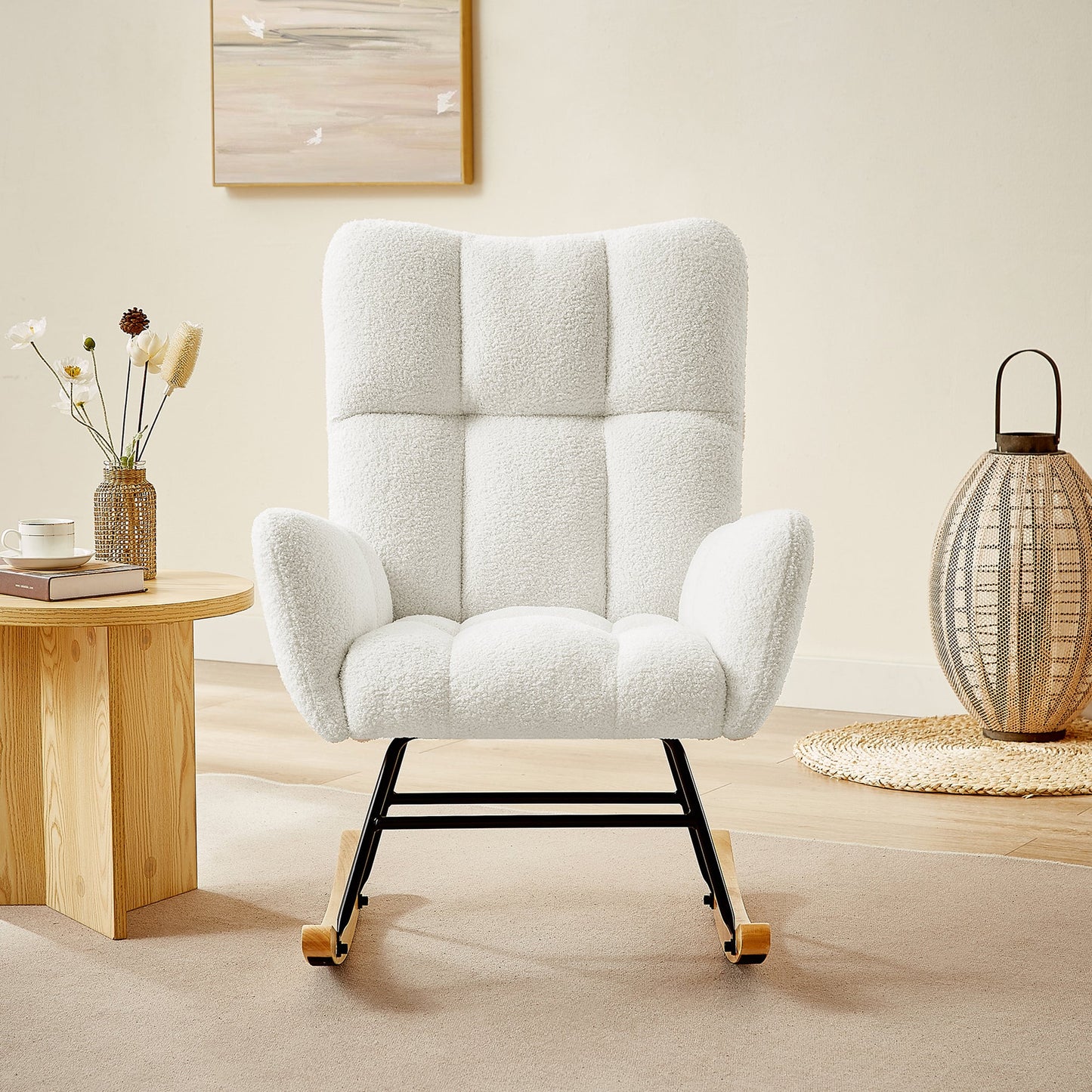 Chaise Berçante en Tissu Teddy Blanc Cassé