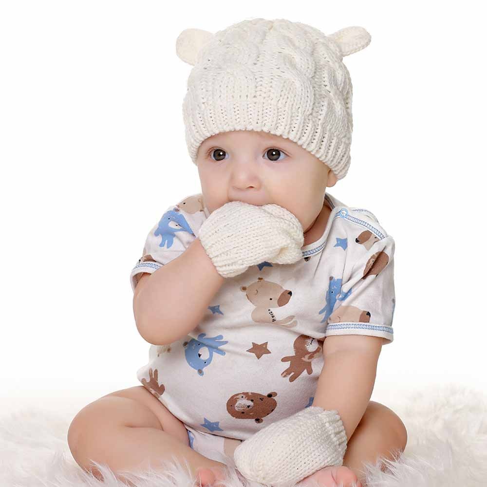 New Baby Kids Girls Boys Winter Warm Knit Hat Ear Solid Warm Cute Glove 2pcs Lovely Beanie Cap 0-18M - Korvel