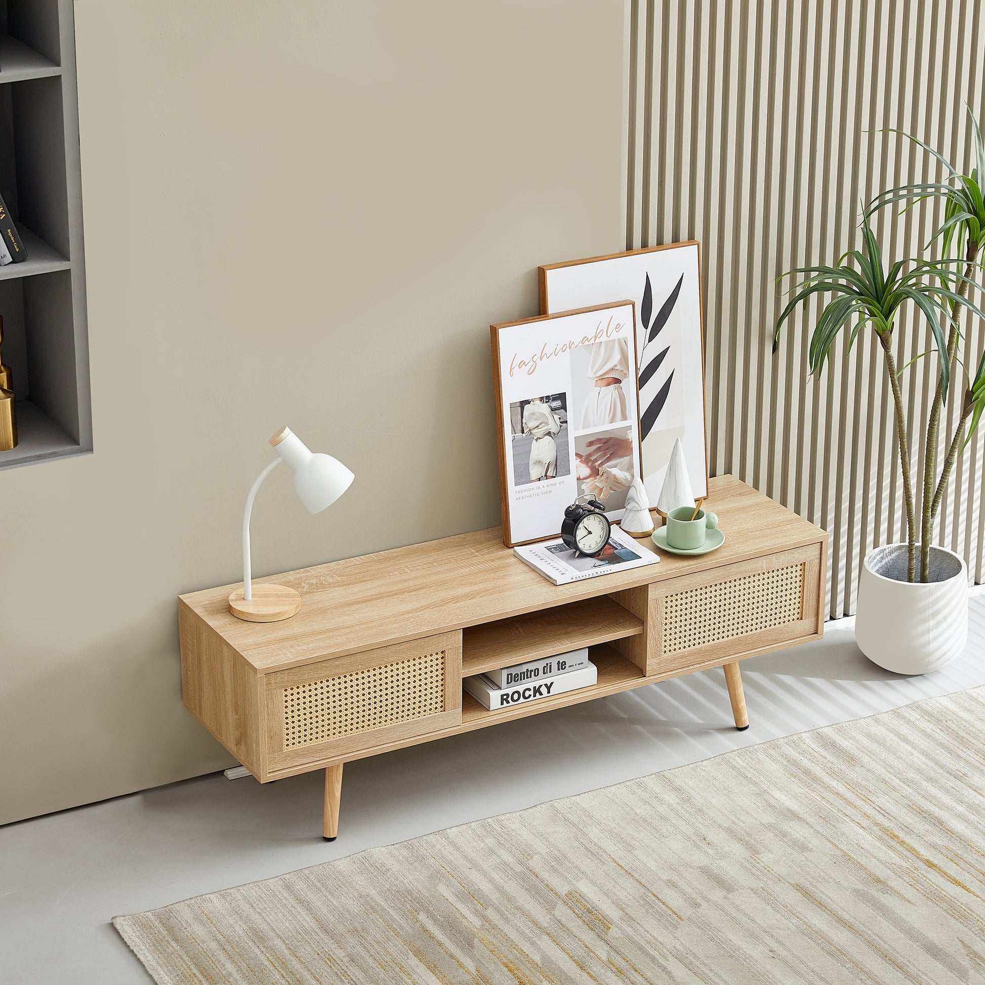 55.12" Rattan TV cabinet double sliding doors for storage adjustable shelf solid wood legs TV console for living room natural - Korvel