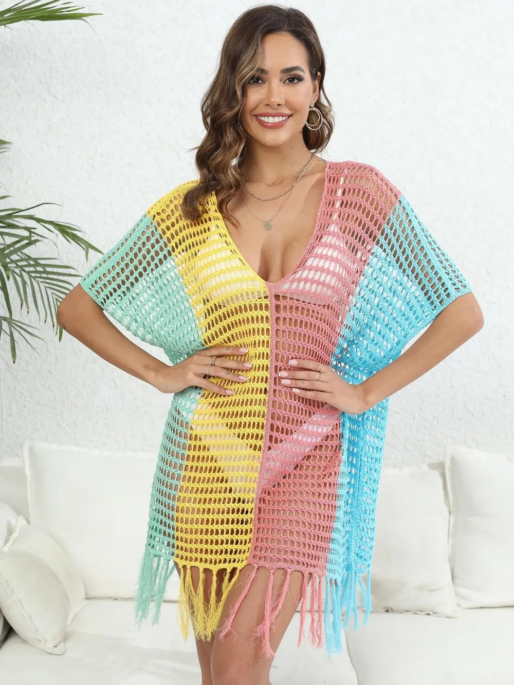 Fringe Color Block Scoop Neck Cover Up - Korvel