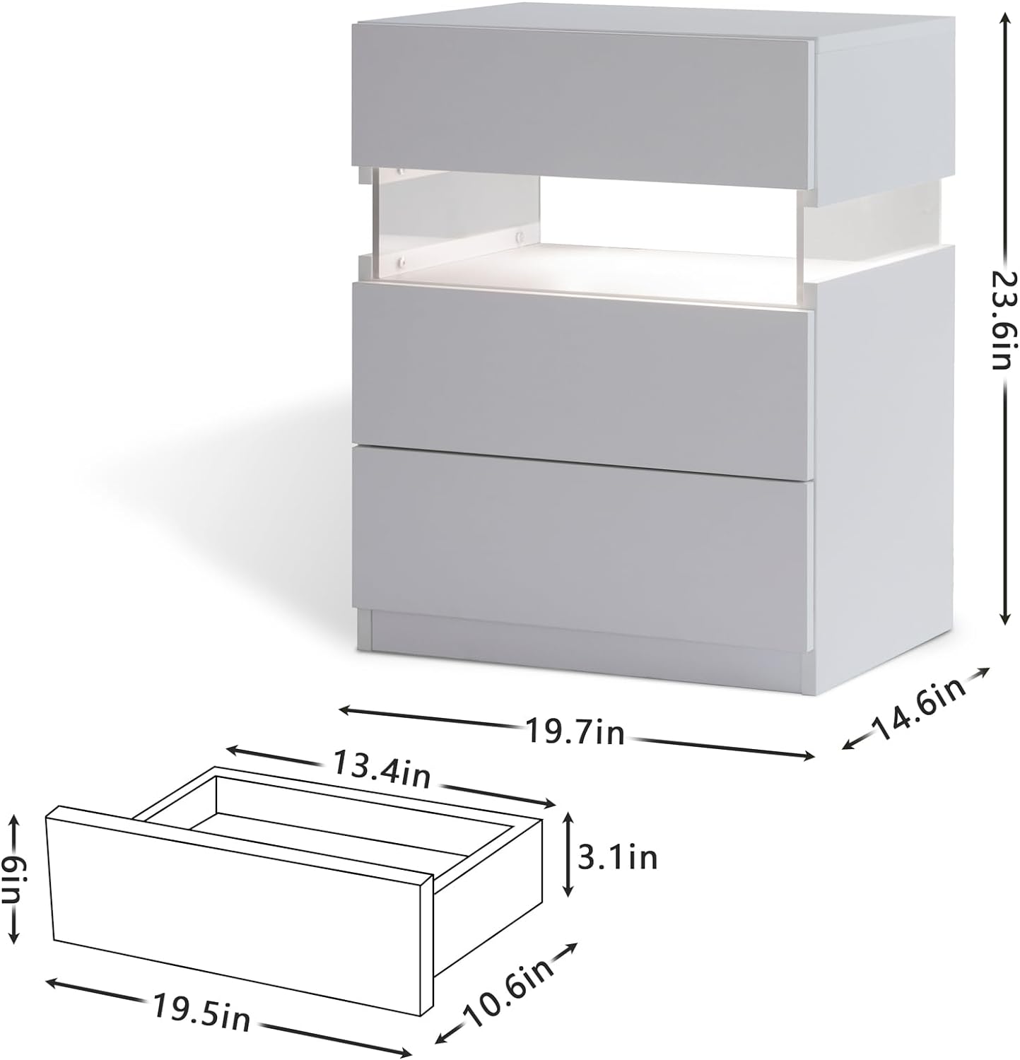 LED bedside table, bedroom, three drawers, dressing table, acrylic board, bedside furniture (white) - Korvel