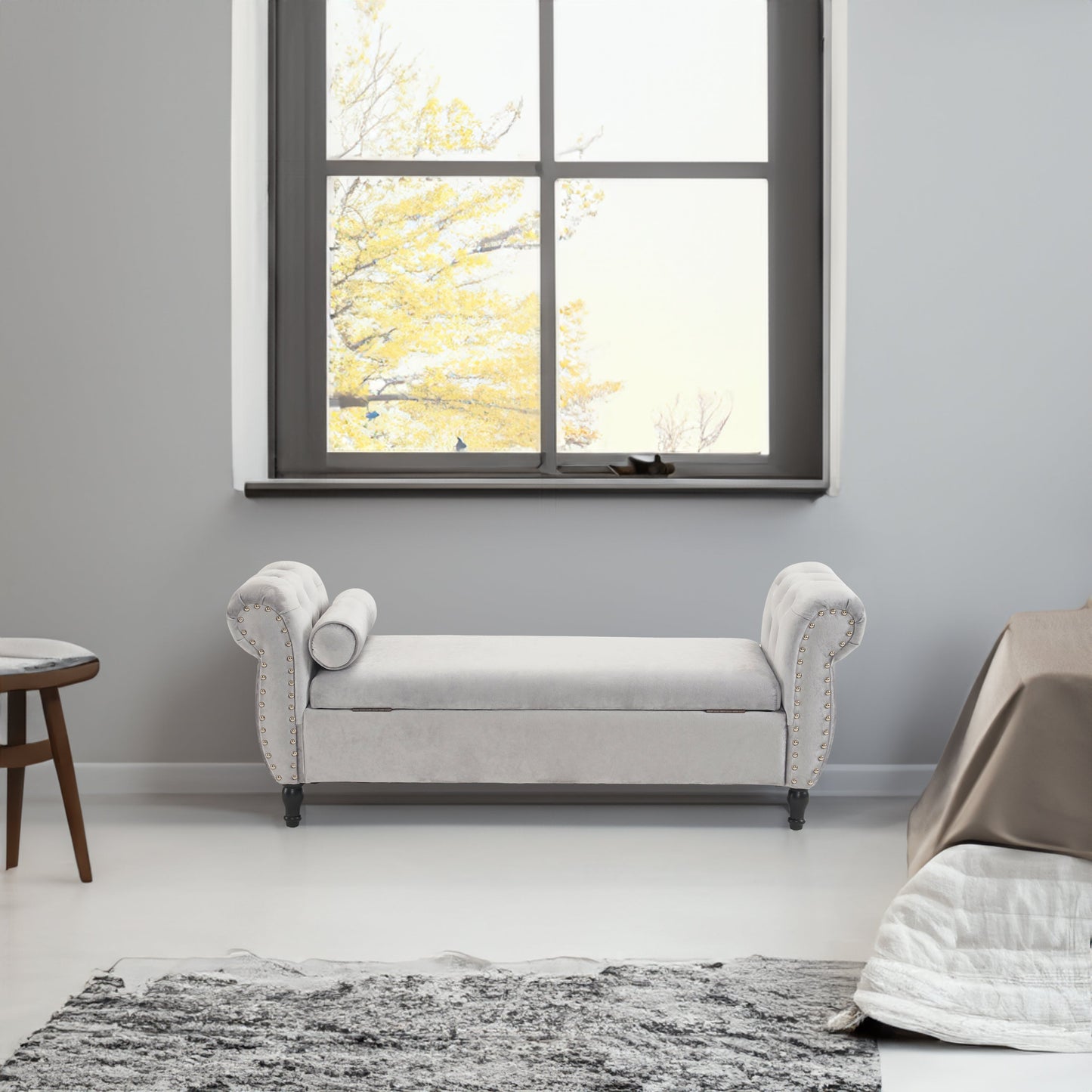 Velvet Multifunctional Storage Rectangular ottoman bench with 1 Pillow, grey - Korvel