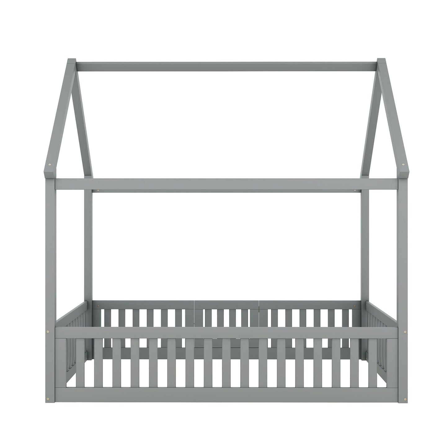 Full Size Wood House Bed with Fence and Door, Gray - Korvel