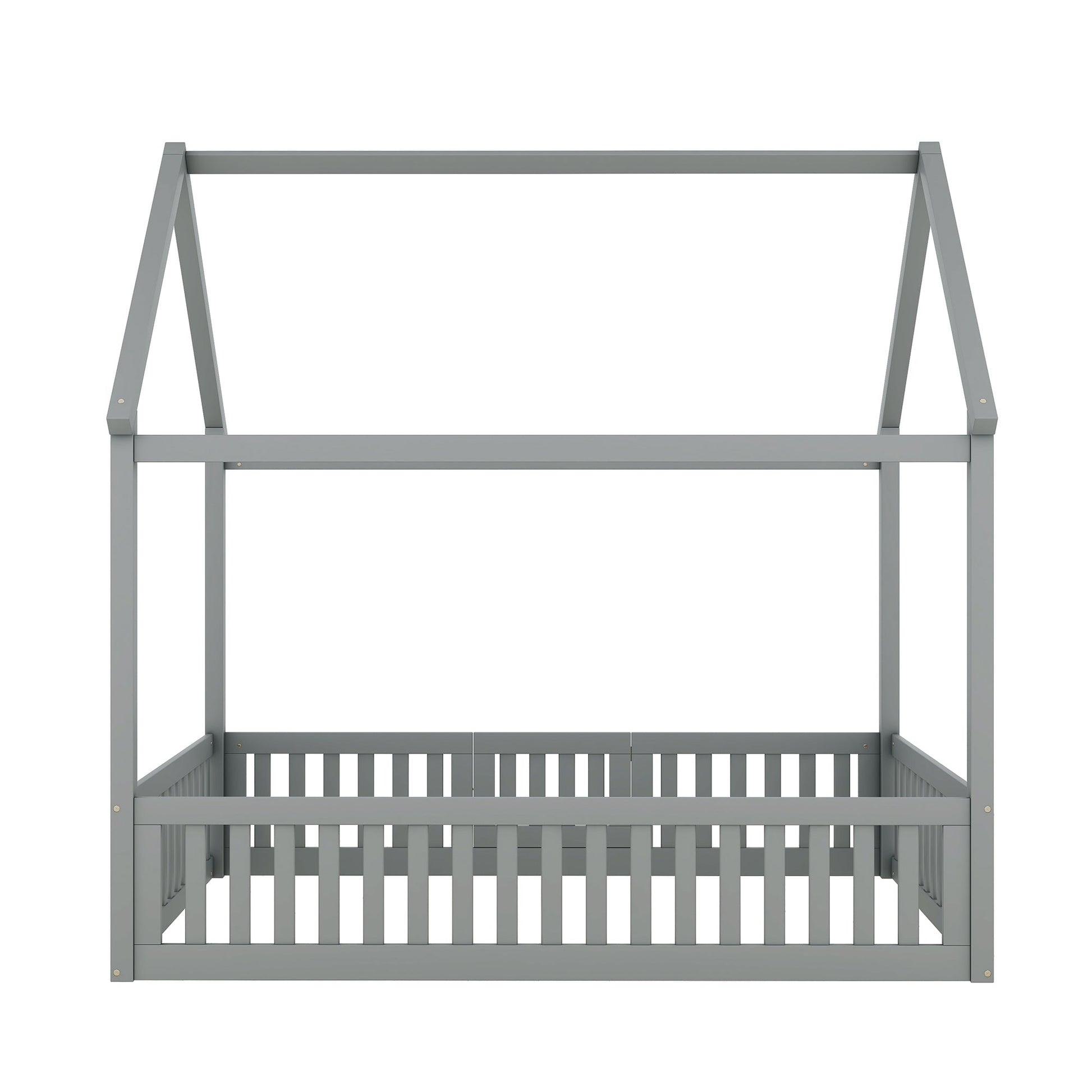 Full Size Wood House Bed with Fence and Door, Gray - Korvel