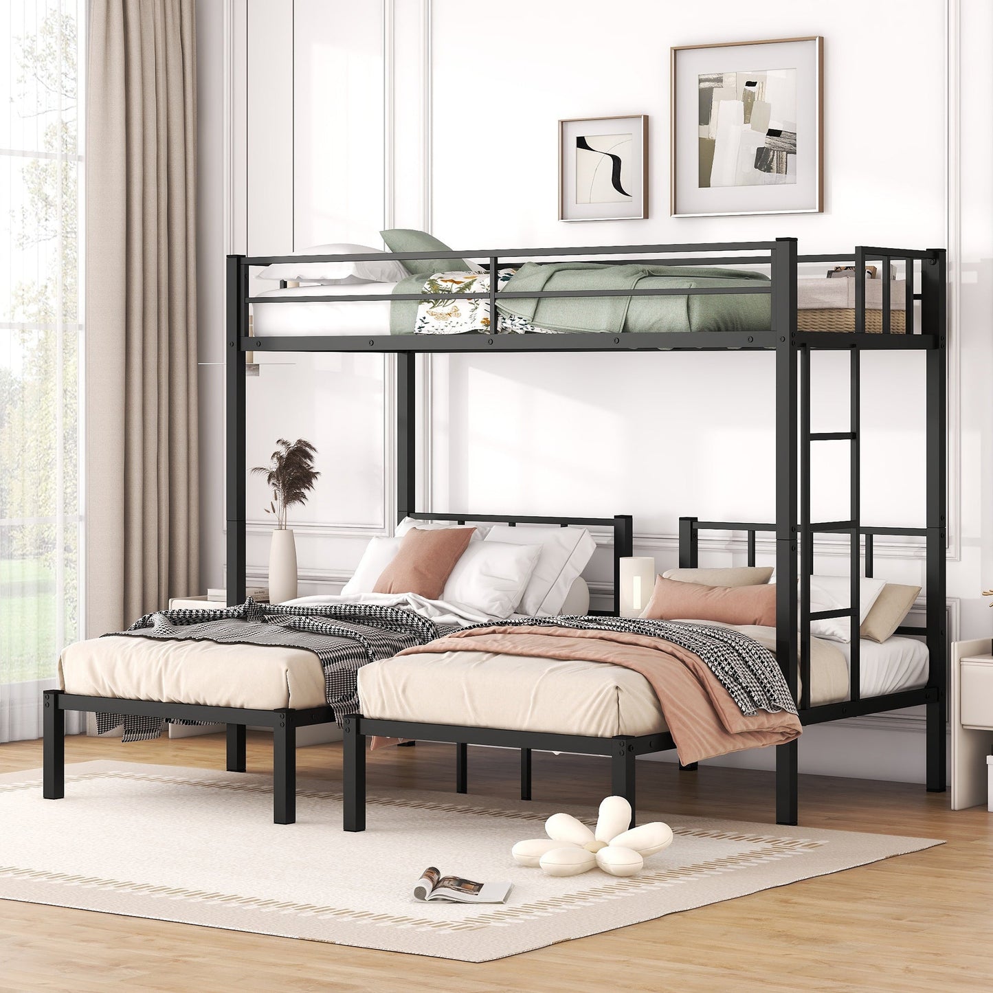 Twin over Twin & Twin Bunk Beds for 3, Twin XL over Twin & Twin Bunk Bed Metal Triple Bunk Bed, Black - Korvel