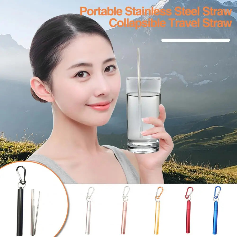 1 Set Reusable Telescopic Straw Set Portable Stainless Steel Easy To Clean Straw With Carry Case - Korvel