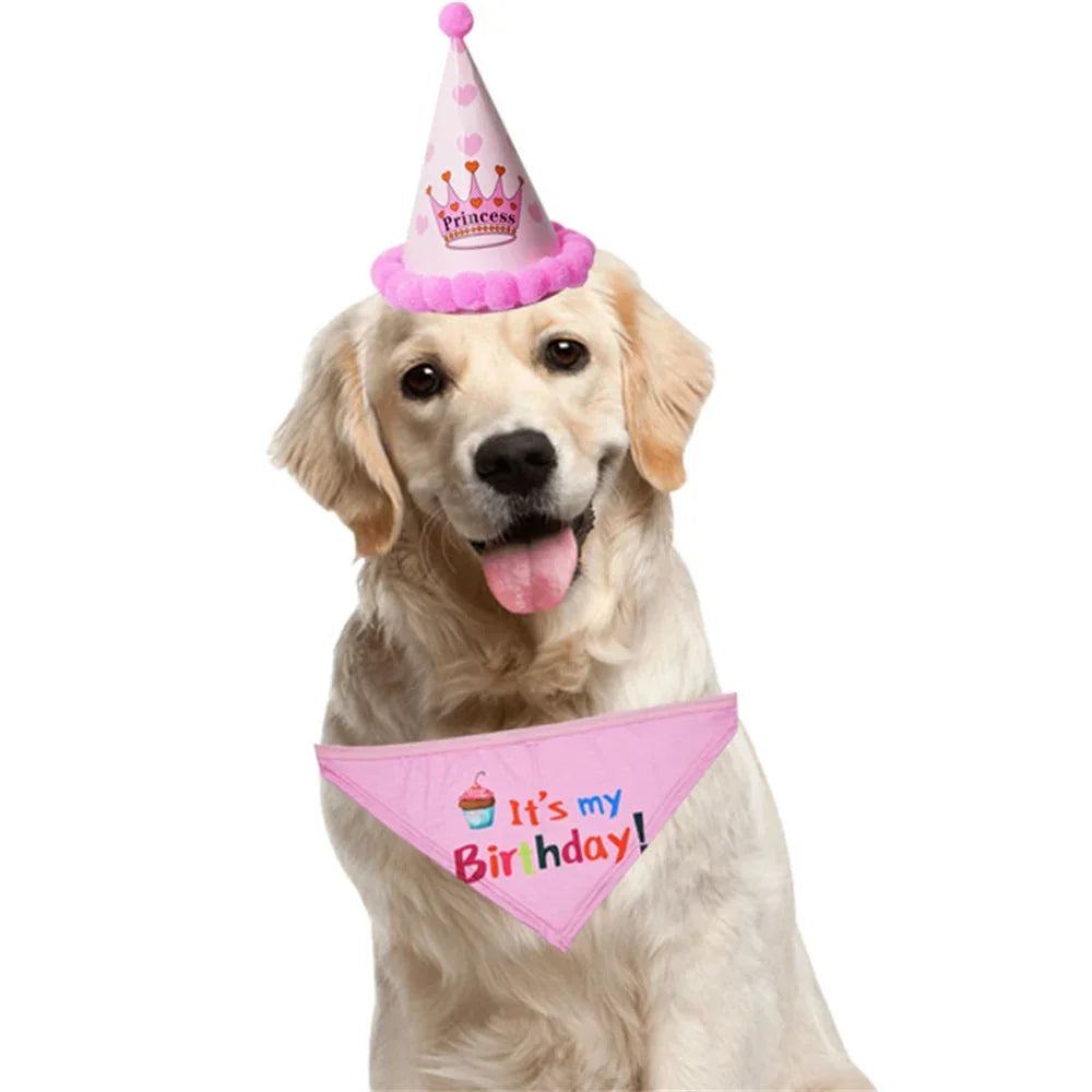 2Pcs/Set Dog Hat Bib Dog Birthday Bandana Scarf Adjustable Bandana Neckerchief Cat Dog Birthday Bib Hat Pet Supplies - Korvel