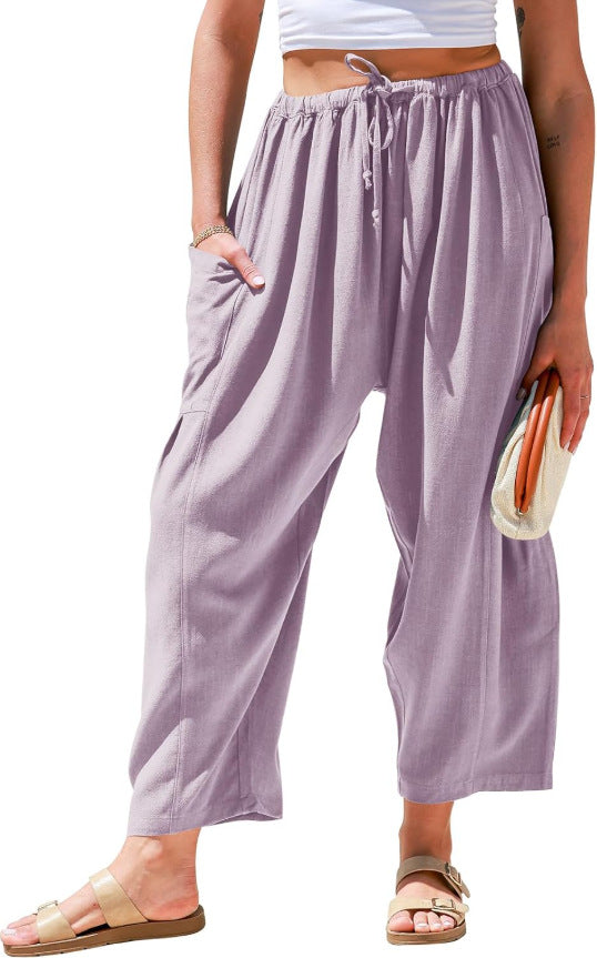 Pantalons larges en coton et lin taille haute pour femmes