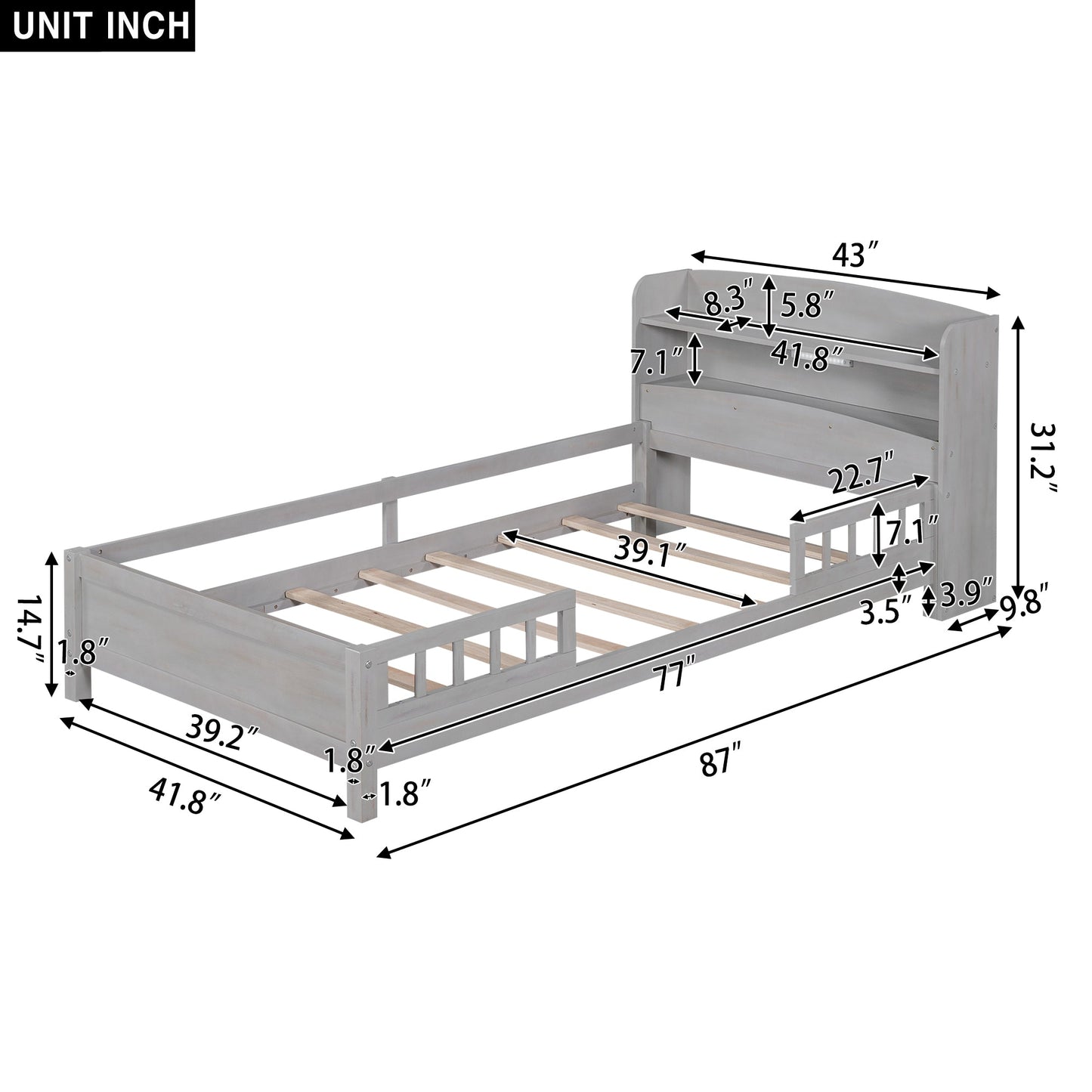 Wood Twin Size Platform Bed with Built-in LED Light  Storage Headboard and Guardrail Antique Grey - Korvel