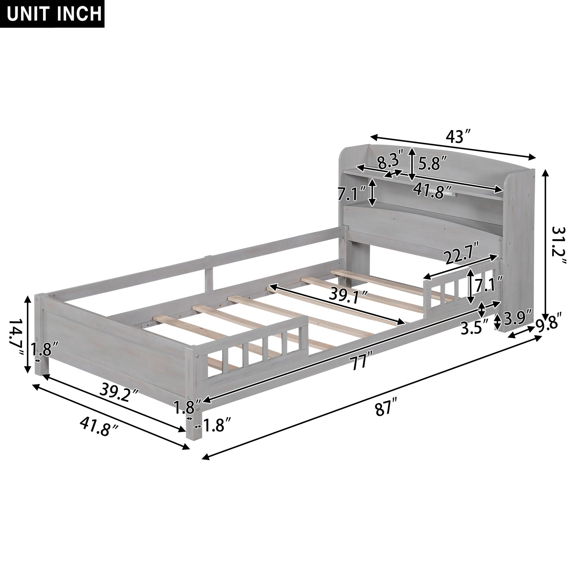 Wood Twin Size Platform Bed with Built-in LED Light  Storage Headboard and Guardrail Antique Grey - Korvel