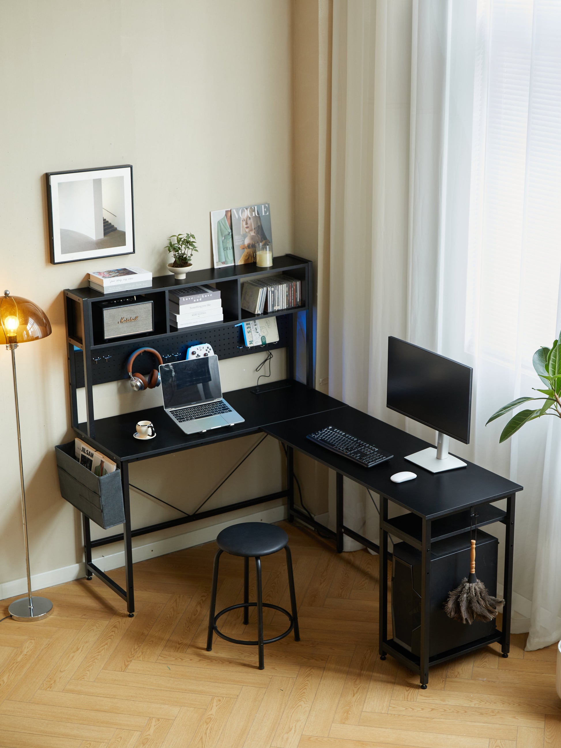 94.5 Inch Home Office Desk L shape gaming desk with LED storage Shelves METAL PANNEL and stool (BLACK) - Korvel