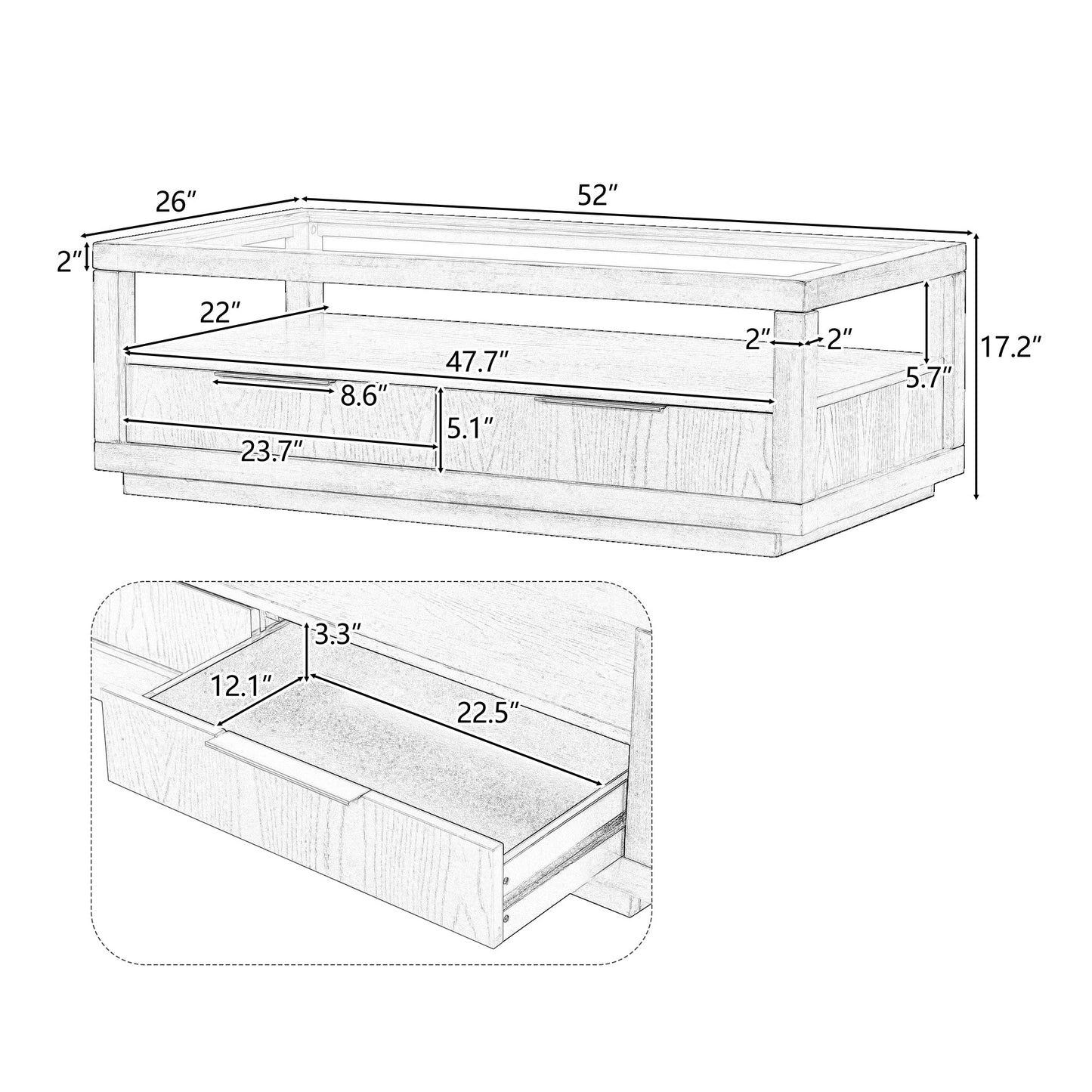 Table basse en bois moderne U-Can avec 2 tiroirs