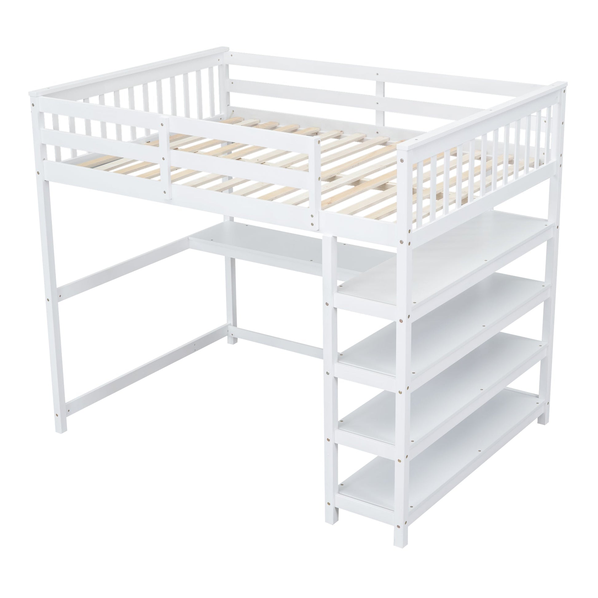Full Size Loft Bed with Storage Shelves and Under-bed Desk  White - Korvel