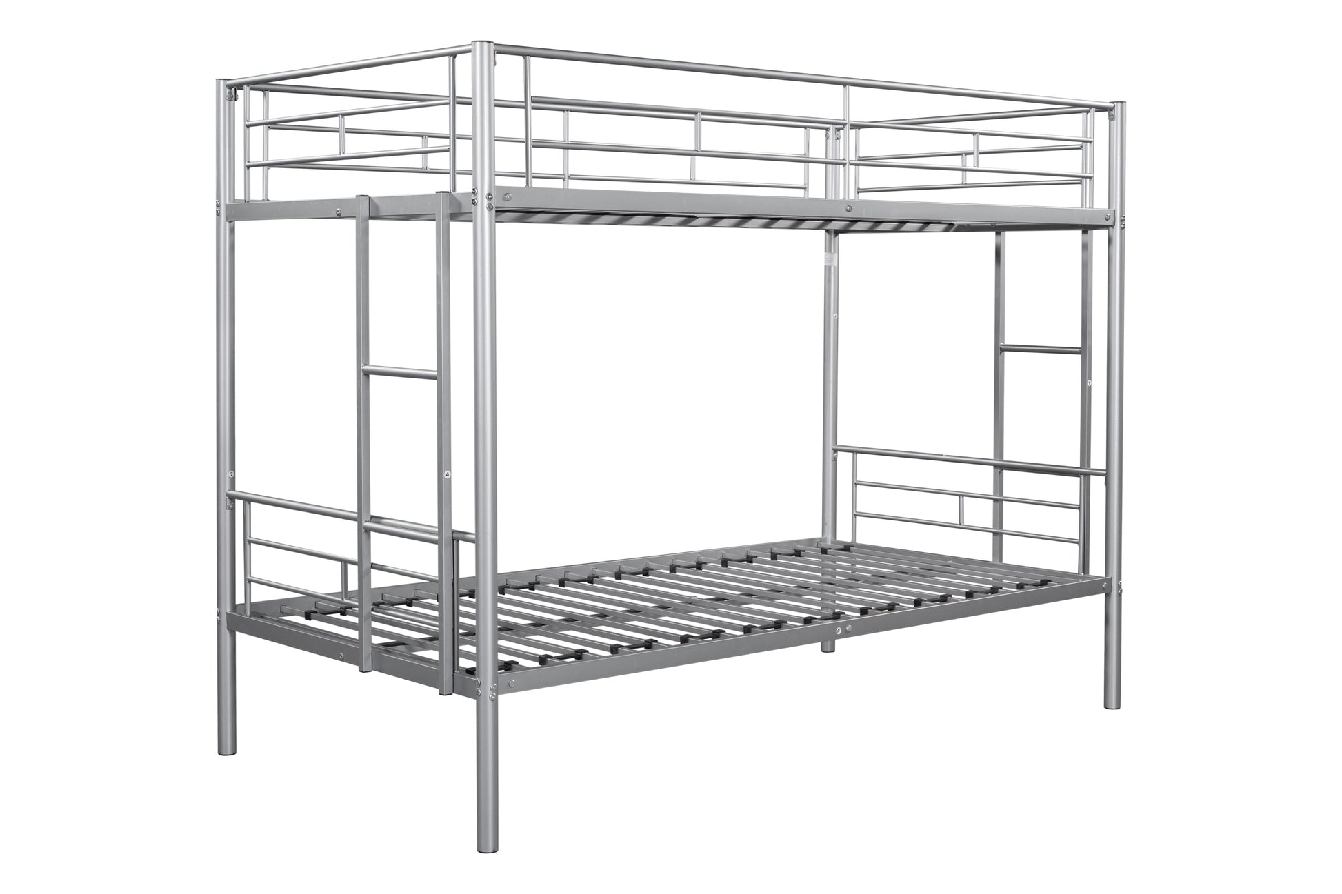 Metal bunk bed/sturdy/noise reduction/2 side ladders/safety guardrails/CPC certification/no spring box required (Silver) - Korvel