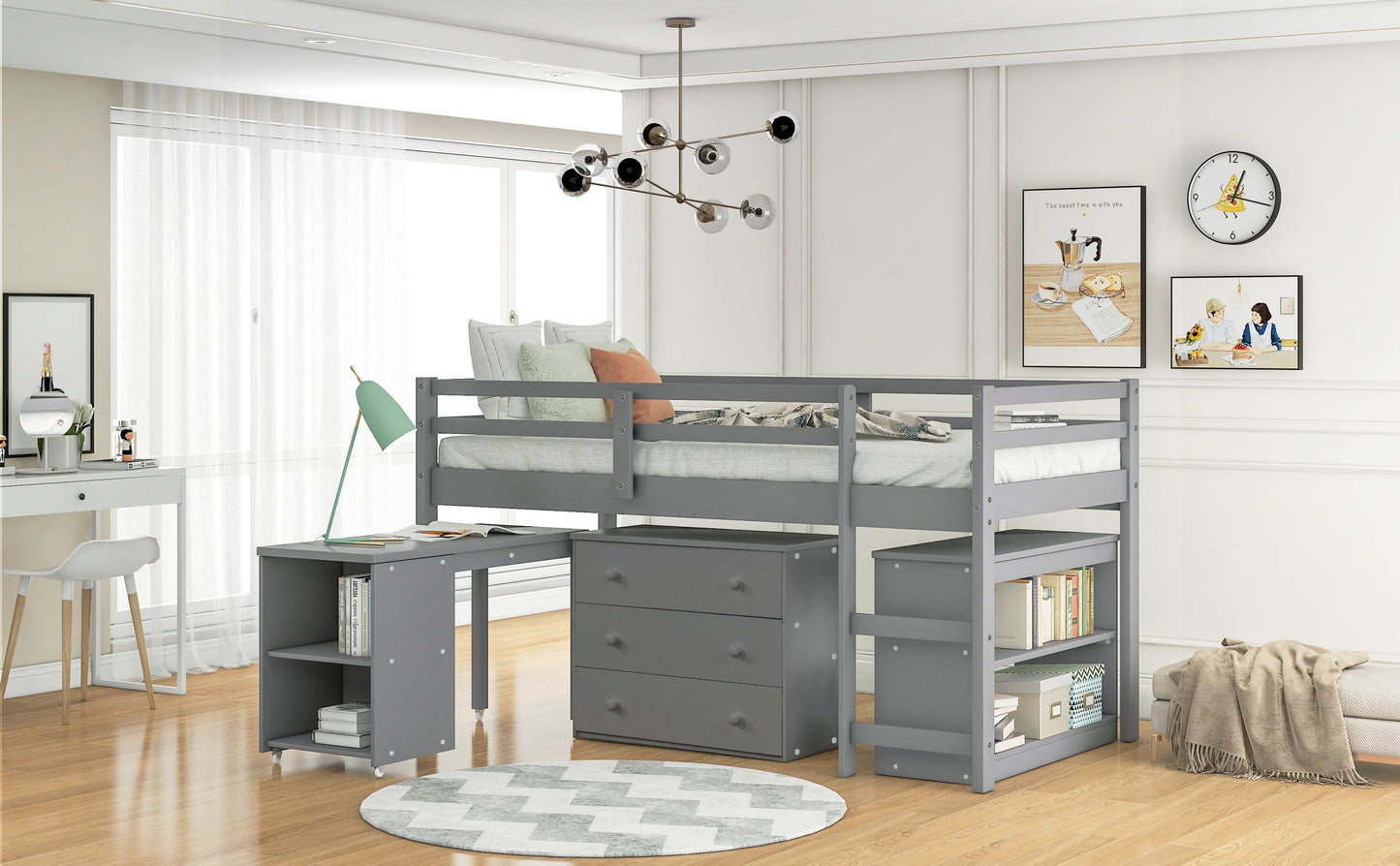 Low Study Twin Loft Bed with Cabinet and Rolling Portable Desk - Gray (OLD SKU :LP000113AAE) - Korvel