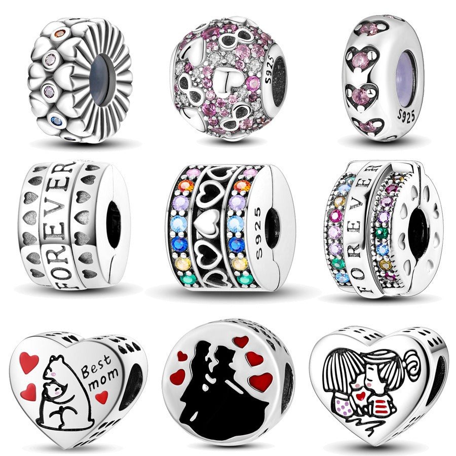 Copper plated S925 silver FOREVER colorful heart clip beads string DIY bracelet necklace - Korvel