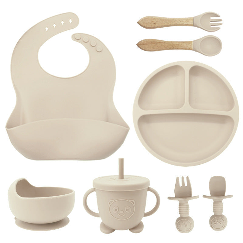 8PCS Mother and baby silicone bibs, silicone dinner plates, eight-piece set, baby food training suction cup bowl, baby divided tableware set - Korvel