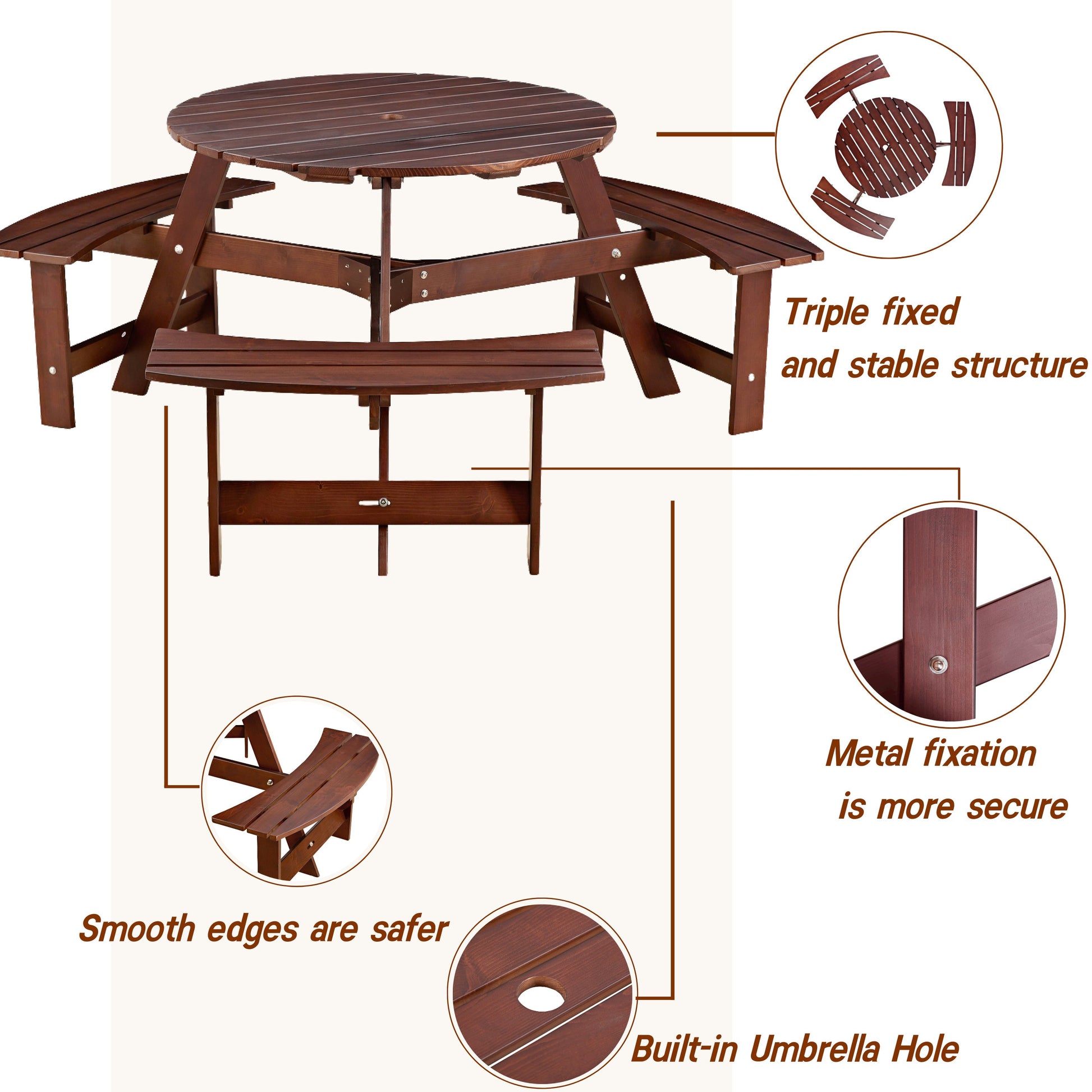 6-person circular picnic table with 3 built-in benches, umbrella holes, outdoor tables and chairs brown bench set - Korvel