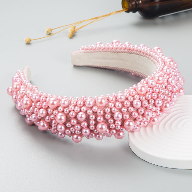 Hair Hoop Baroque Sponge Pearl Hair Accessories Women's Handmade Beaded Multicolor European and American Broad-brimmed Headband - Korvel