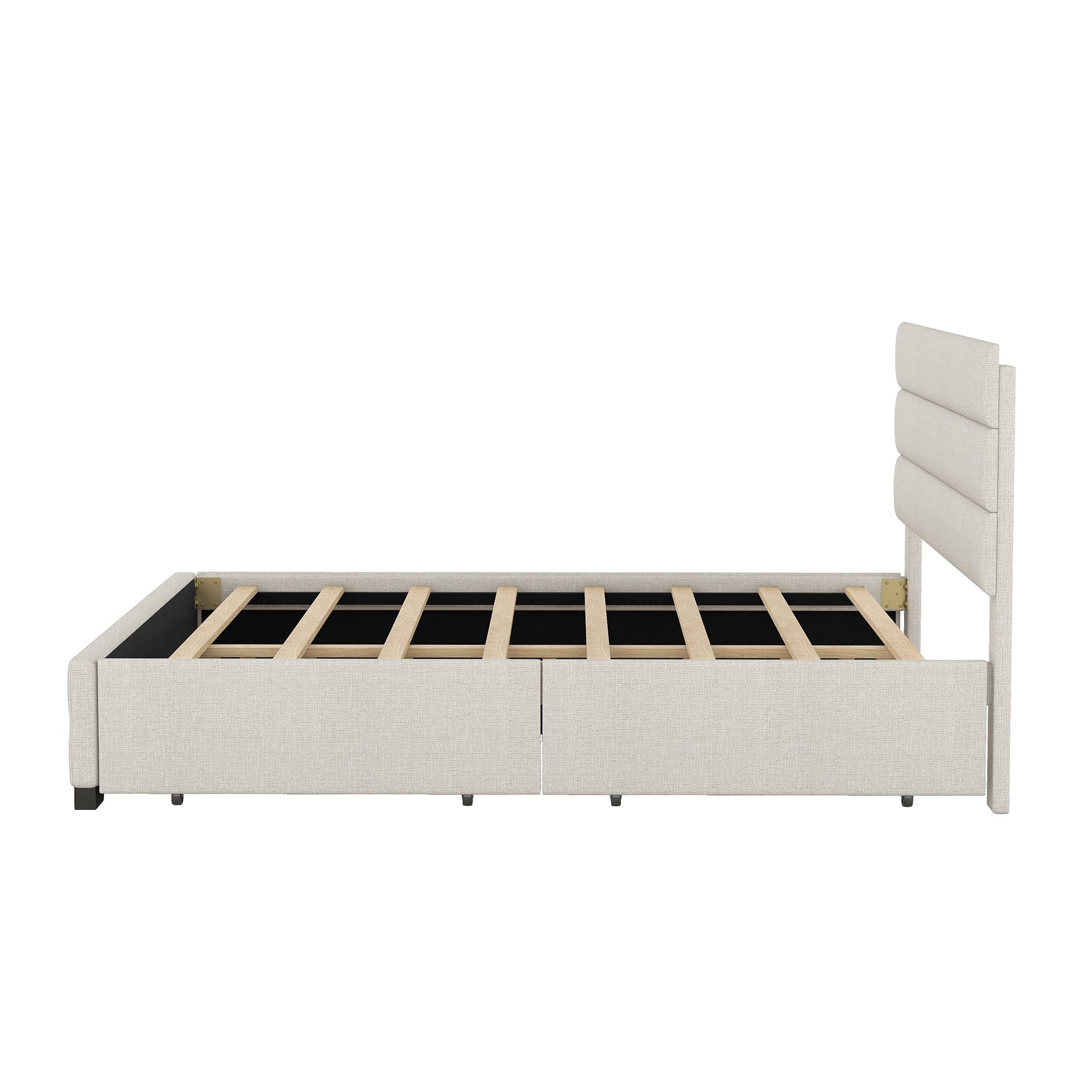 Queen Upholstered Platform Bed with Twin Size Trundle and Two Drawers  Beige - Korvel