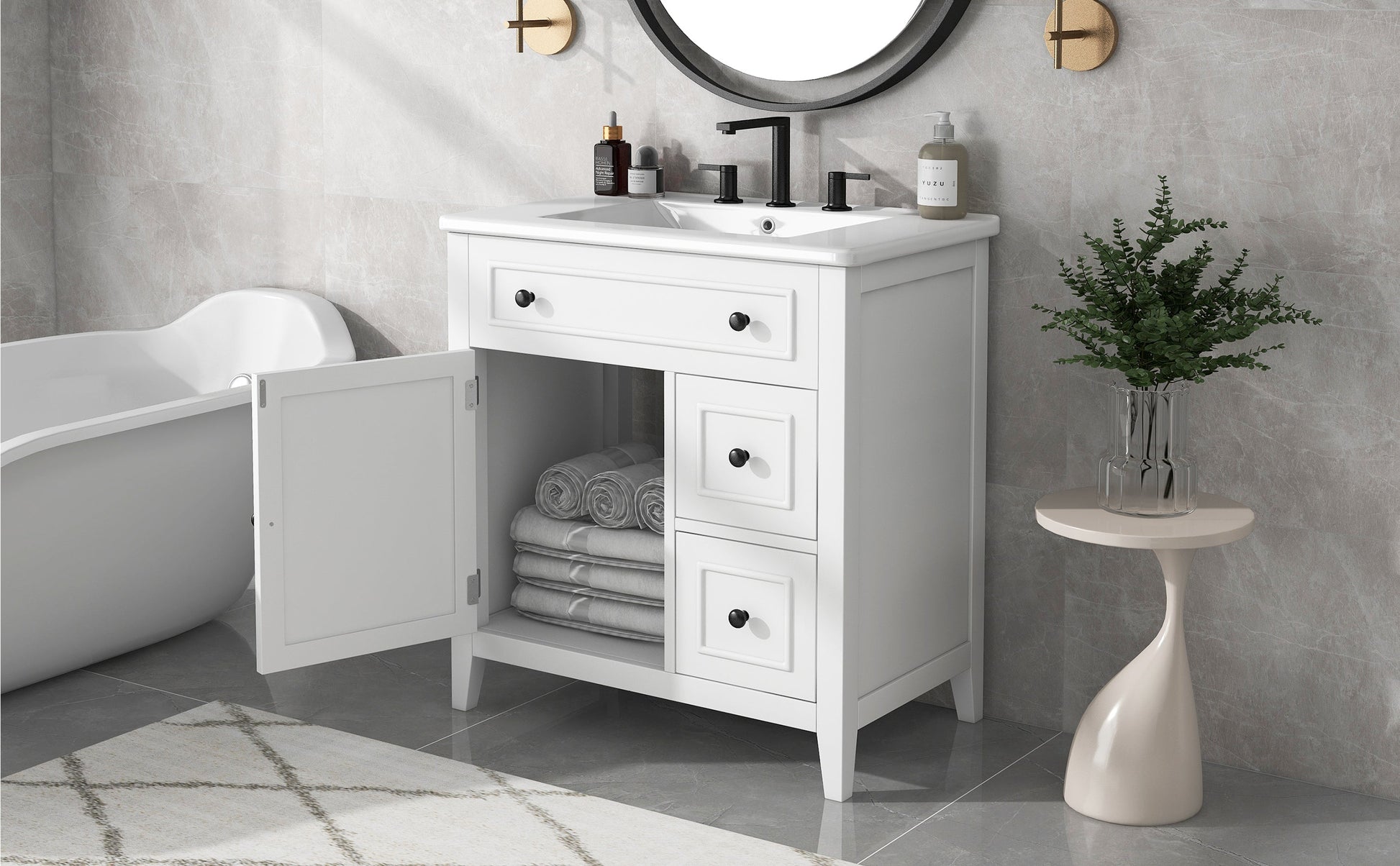 30" Bathroom Vanity with Sink Top, Bathroom Vanity Cabinet with Door and Two Drawers, Solid Wood Frame, One Package, White - Korvel