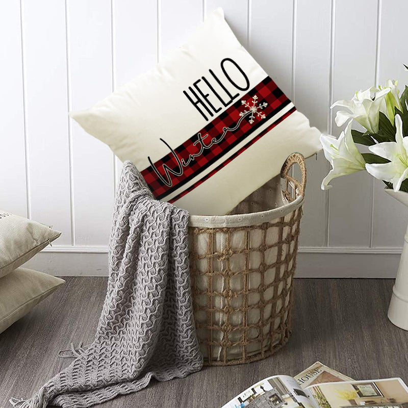 Christmas Pillowcase Linen Red Black Checkered Letter Printed Pillow Cover Holiday Living Room Decoration - Korvel