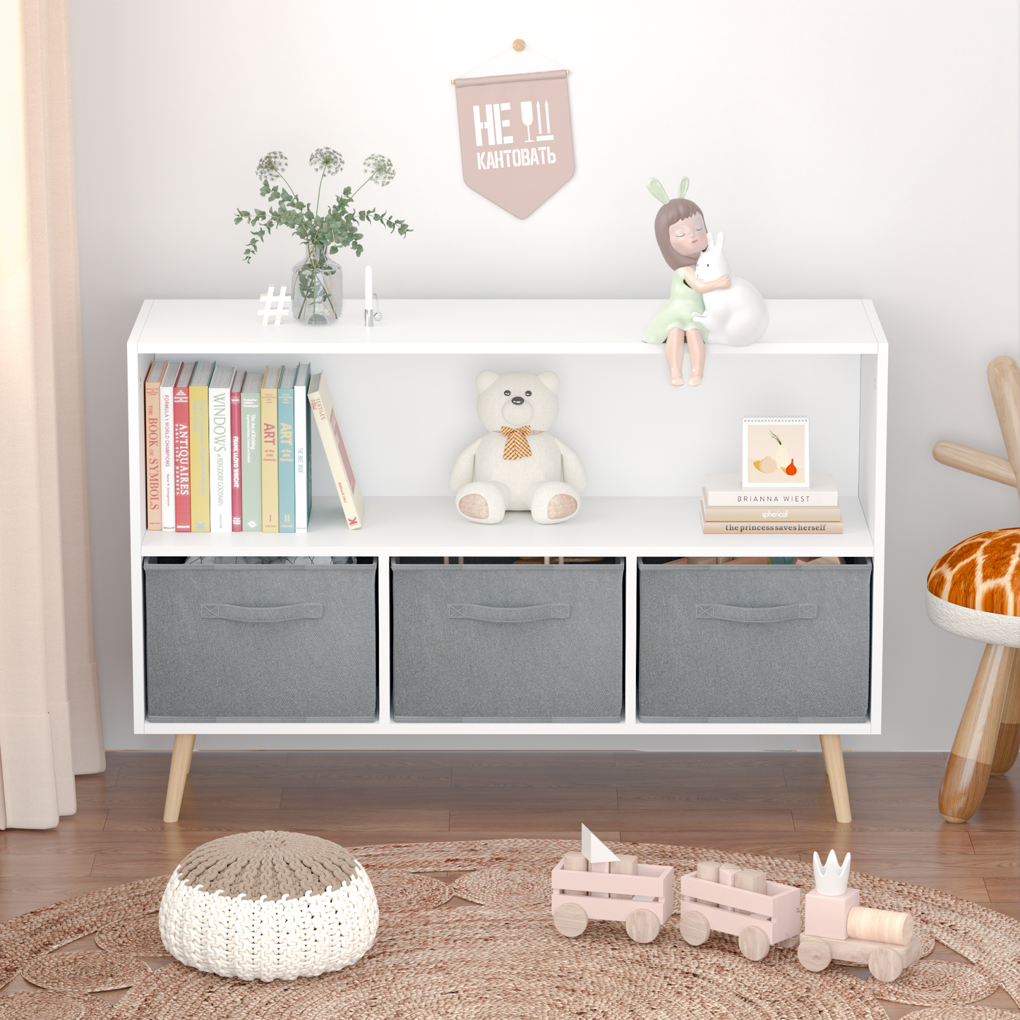 Kids bookcase with Collapsible Fabric Drawers Children's Book Display Toy Storage Cabinet Organizer White/Gray - Korvel