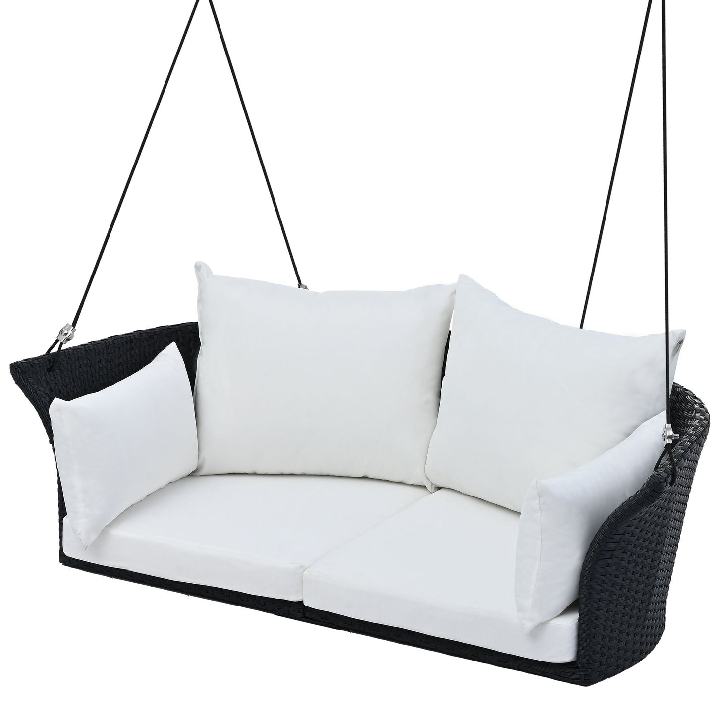 GO 51.9" 2-Person Hanging Seat, Rattan Woven Swing Chair, Porch Swing With Ropes, Black Wicker And White Cushion - Korvel