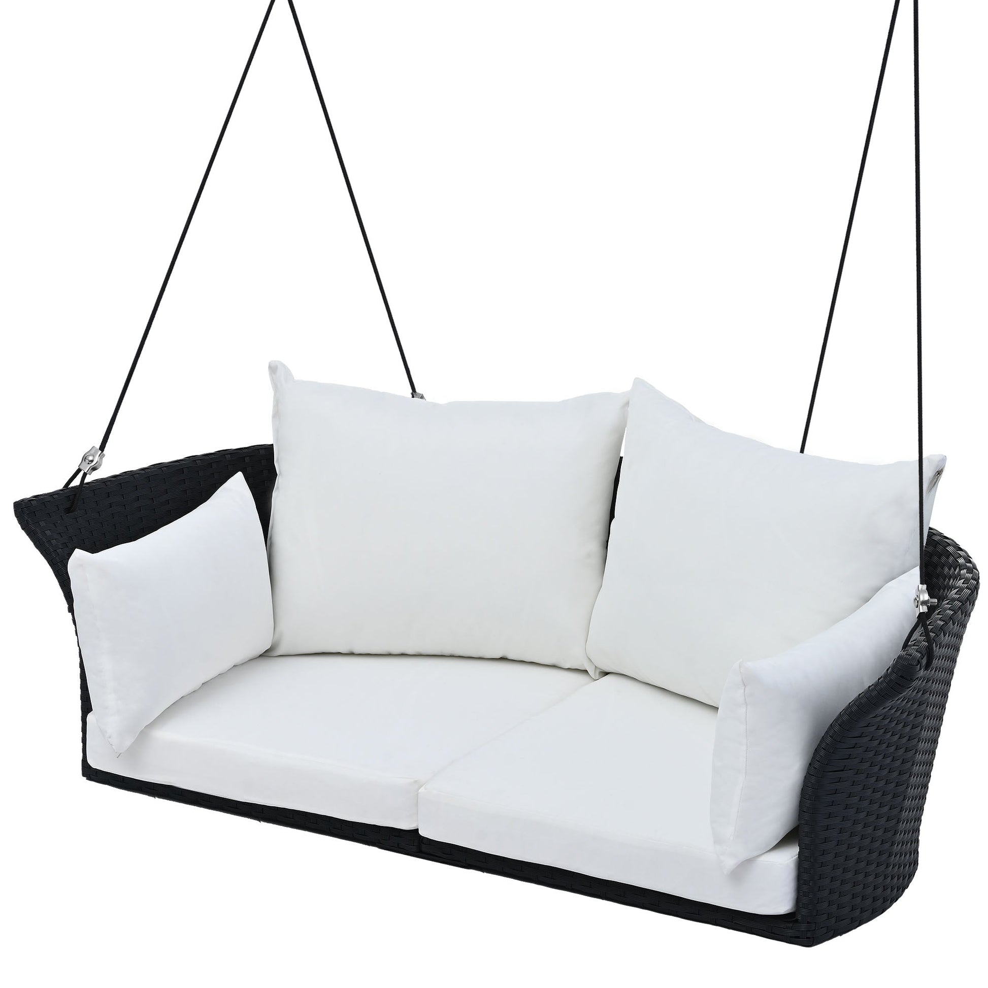 GO 51.9" 2-Person Hanging Seat, Rattan Woven Swing Chair, Porch Swing With Ropes, Black Wicker And White Cushion - Korvel