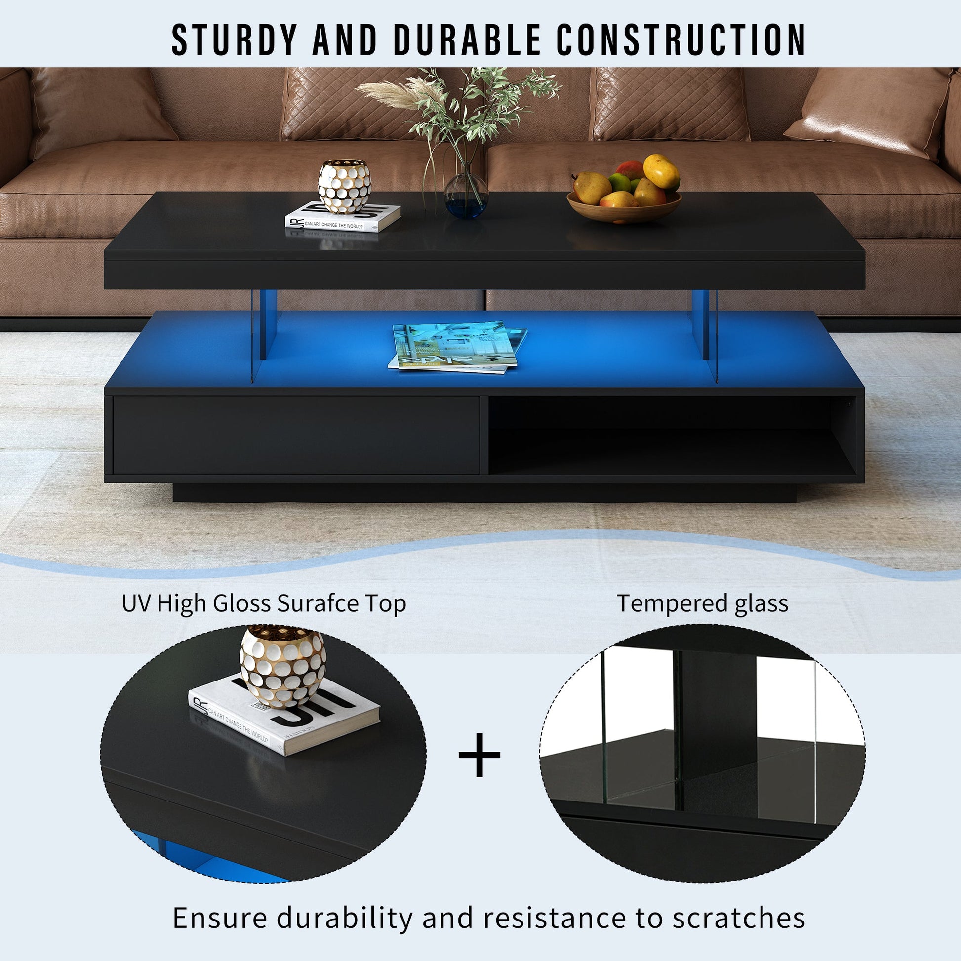 U-Can LED coffee table with storage space, modern central table with 2 drawers and display rack, equipped with LED lights, black - Korvel