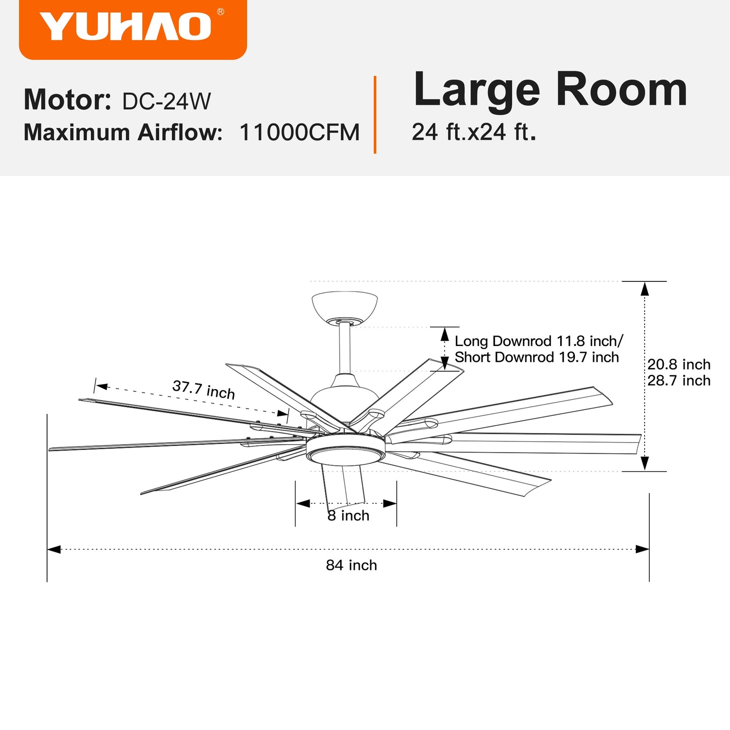 84-Inch Super Large Black Ceiling Fan with Remote Control