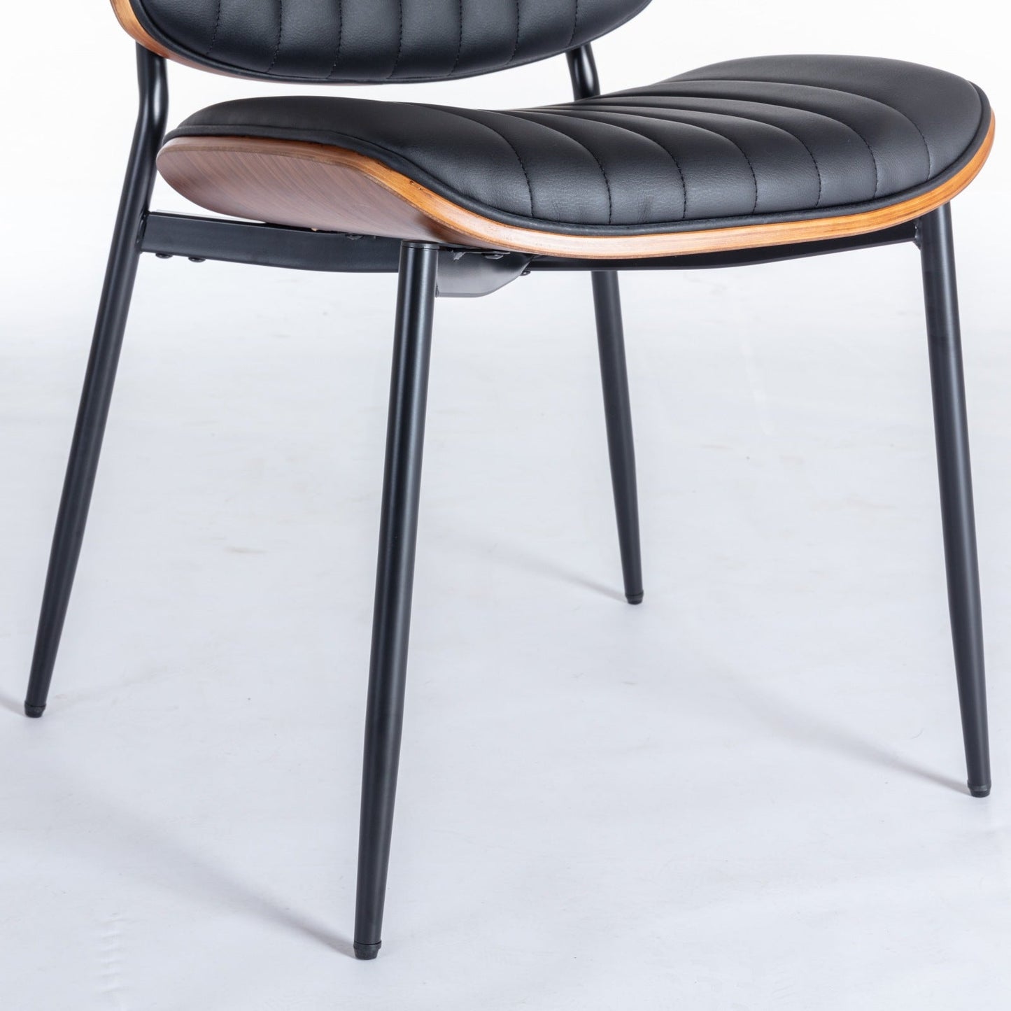 2-piece retro linen chair set with curved wooden backrest, cushioned seat, adjustable metal legs, (Black PU) - Korvel