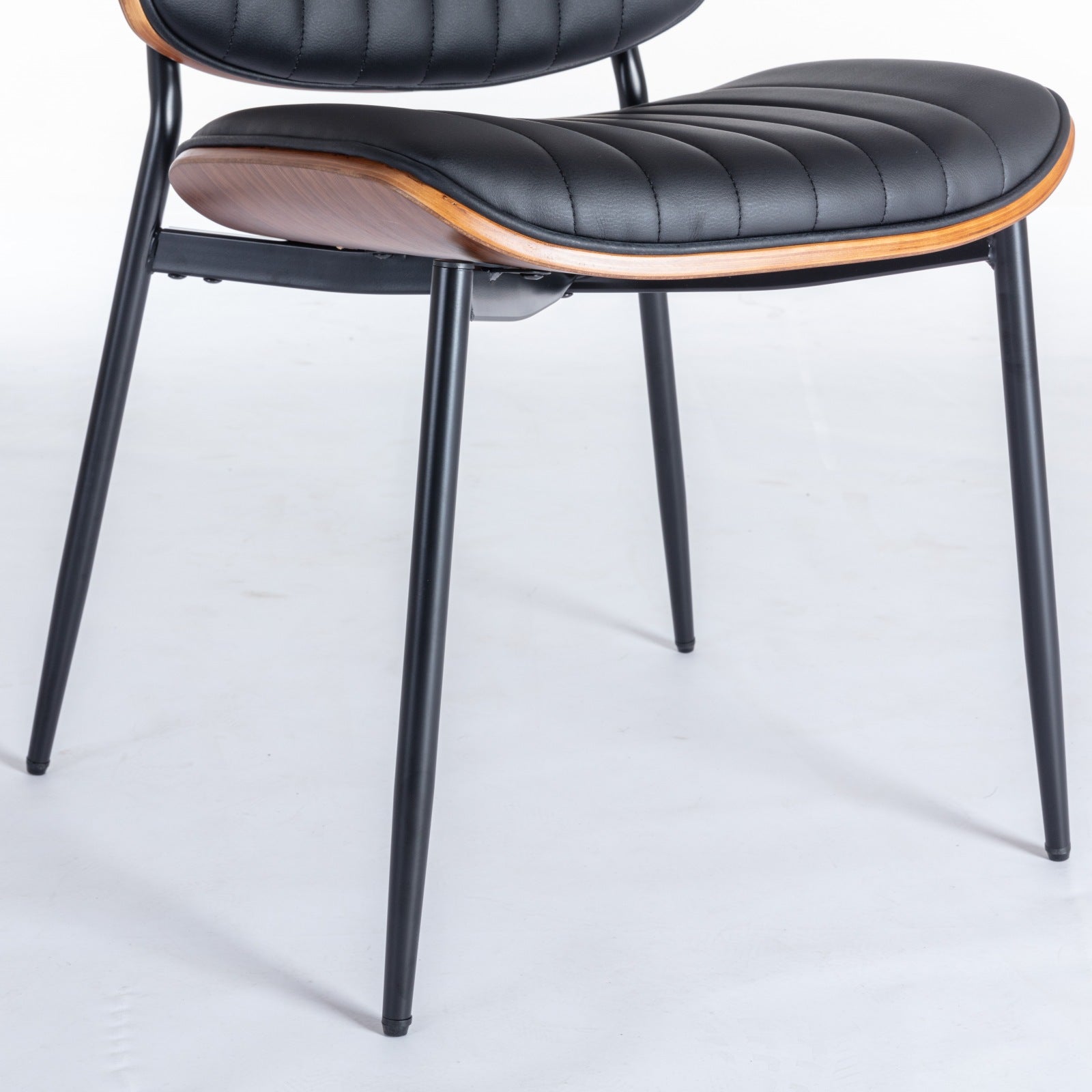 2-piece retro linen chair set with curved wooden backrest, cushioned seat, adjustable metal legs, (Black PU) - Korvel