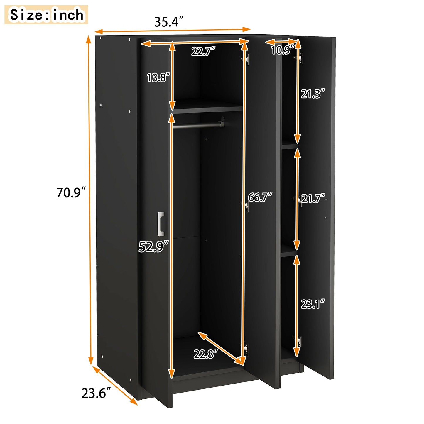 Elegant 3-Door Wardrobe with Mirror and Shelves in Black