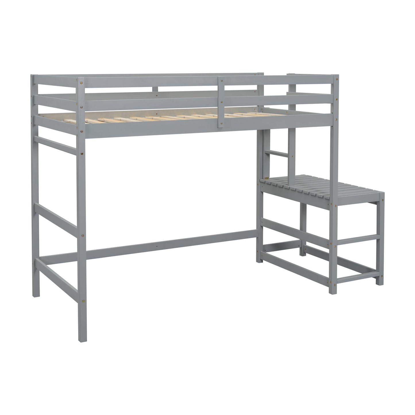 Twin High Loft Bed with Ladder landing Platform, Ladders, Guardrails,Grey - Korvel