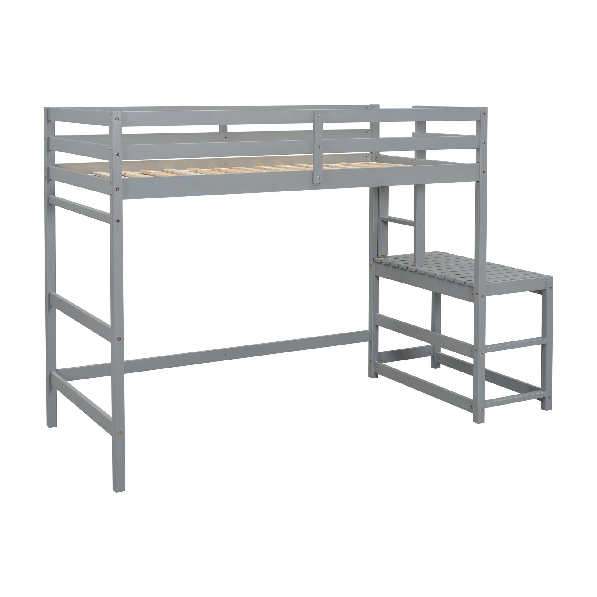 Twin High Loft Bed with Ladder landing Platform, Ladders, Guardrails,Grey - Korvel