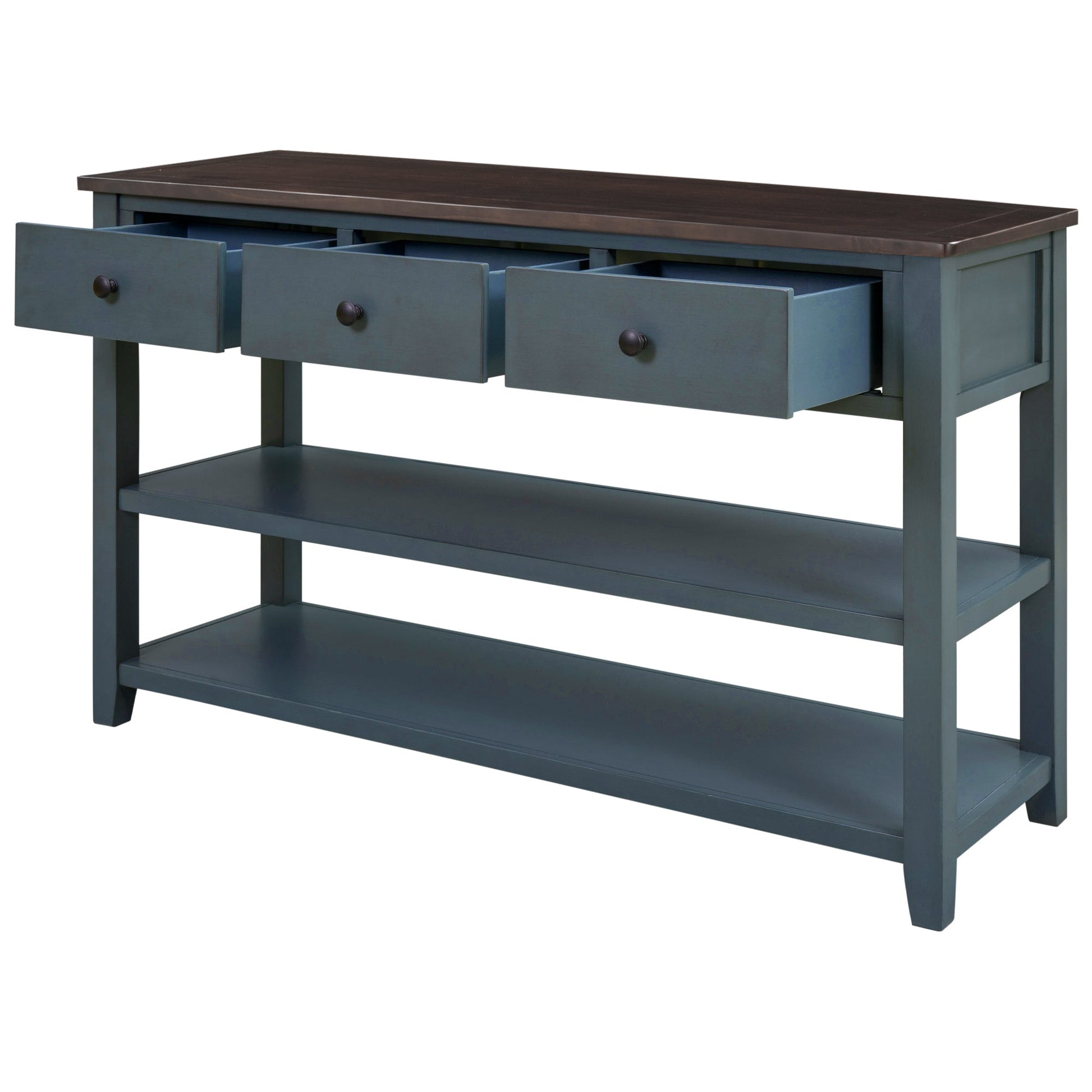 Retro Design Console Table with Two Open Shelves, Pine Solid Wood Frame and Legs for Living Room (Navy) - Korvel