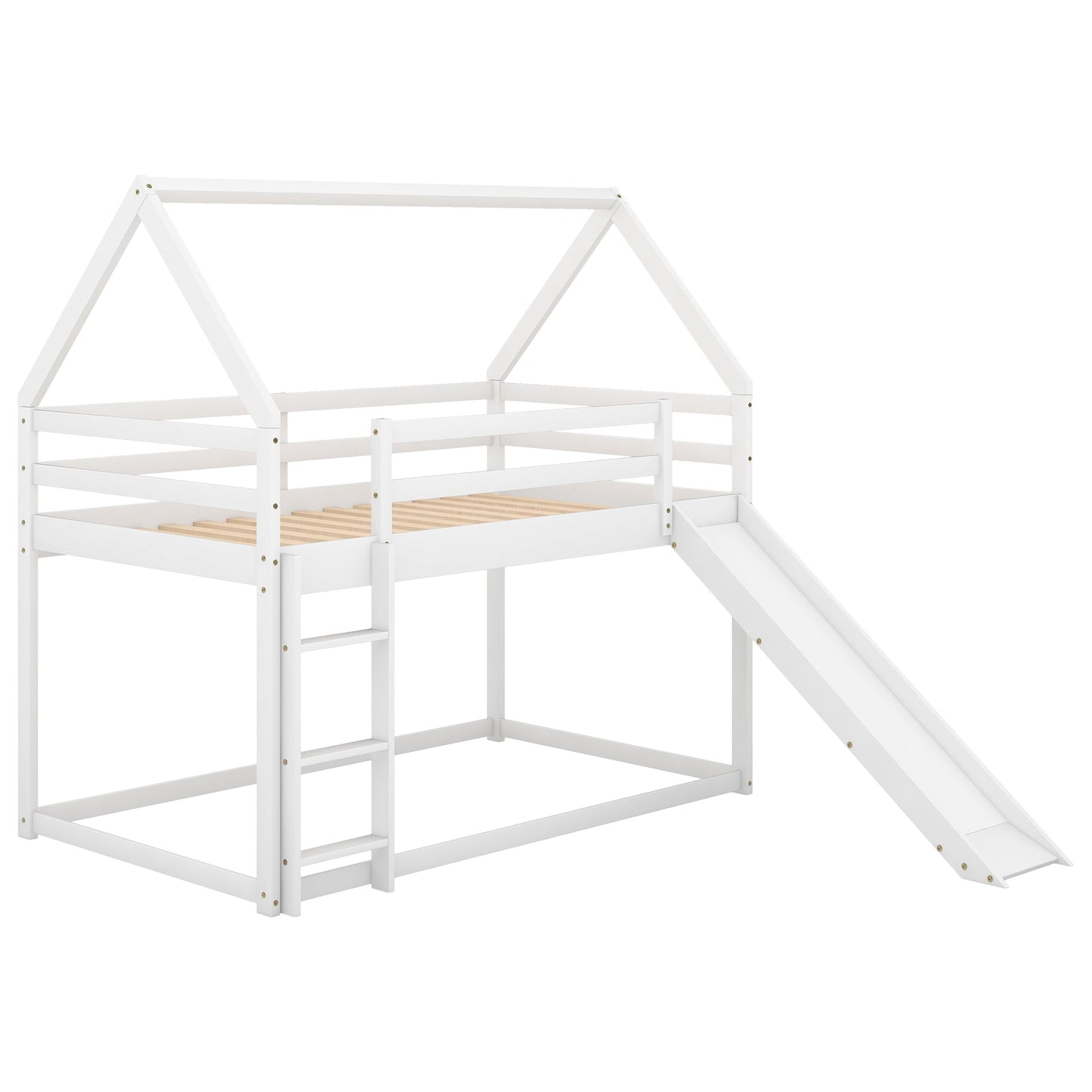 Twin Size Bunk House Bed with Slide and Ladder White - Korvel