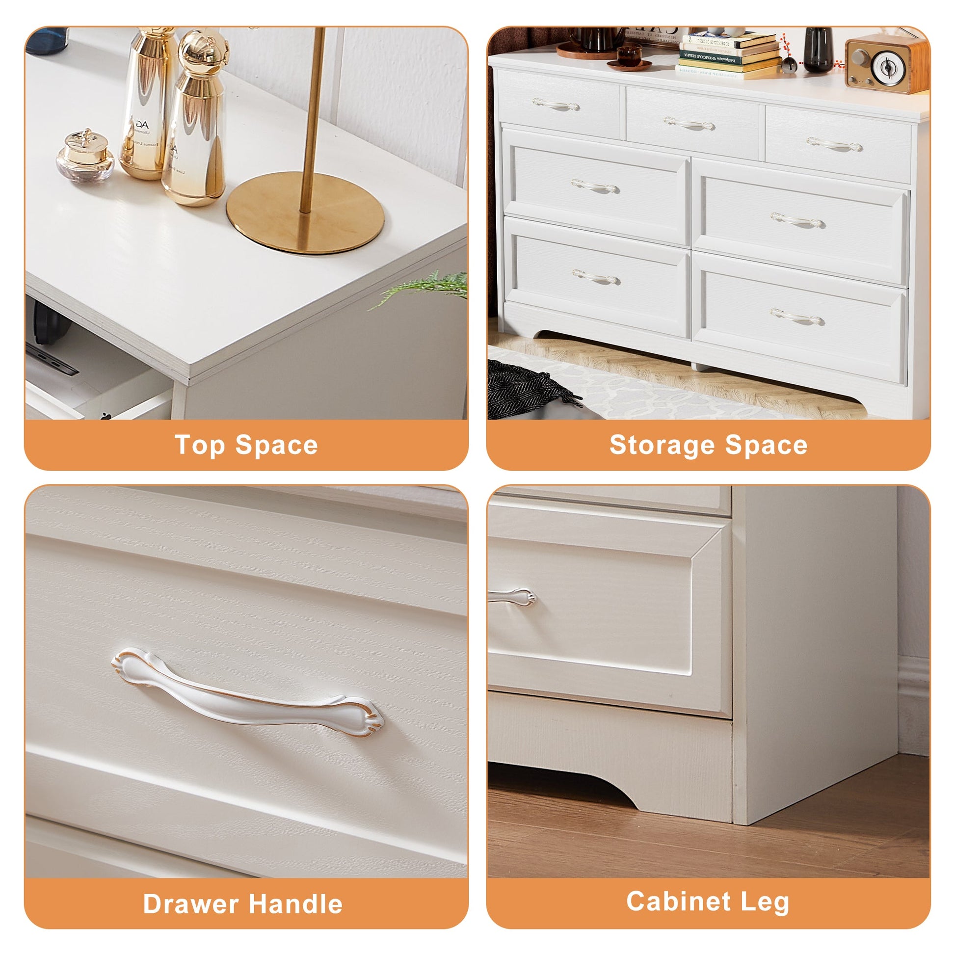Modern 3 Drawer Bedroom Chest of Drawers with 7 Drawers Dresser Clothes Organizer -Metal Pulls White, 47.6″L x 15.7″W x 26.6″H - Korvel