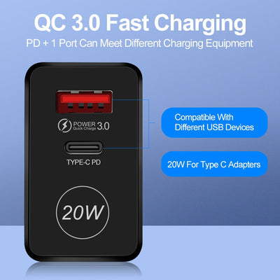 Chargeur de téléphone mobile rapide 20W PD QC3.0
